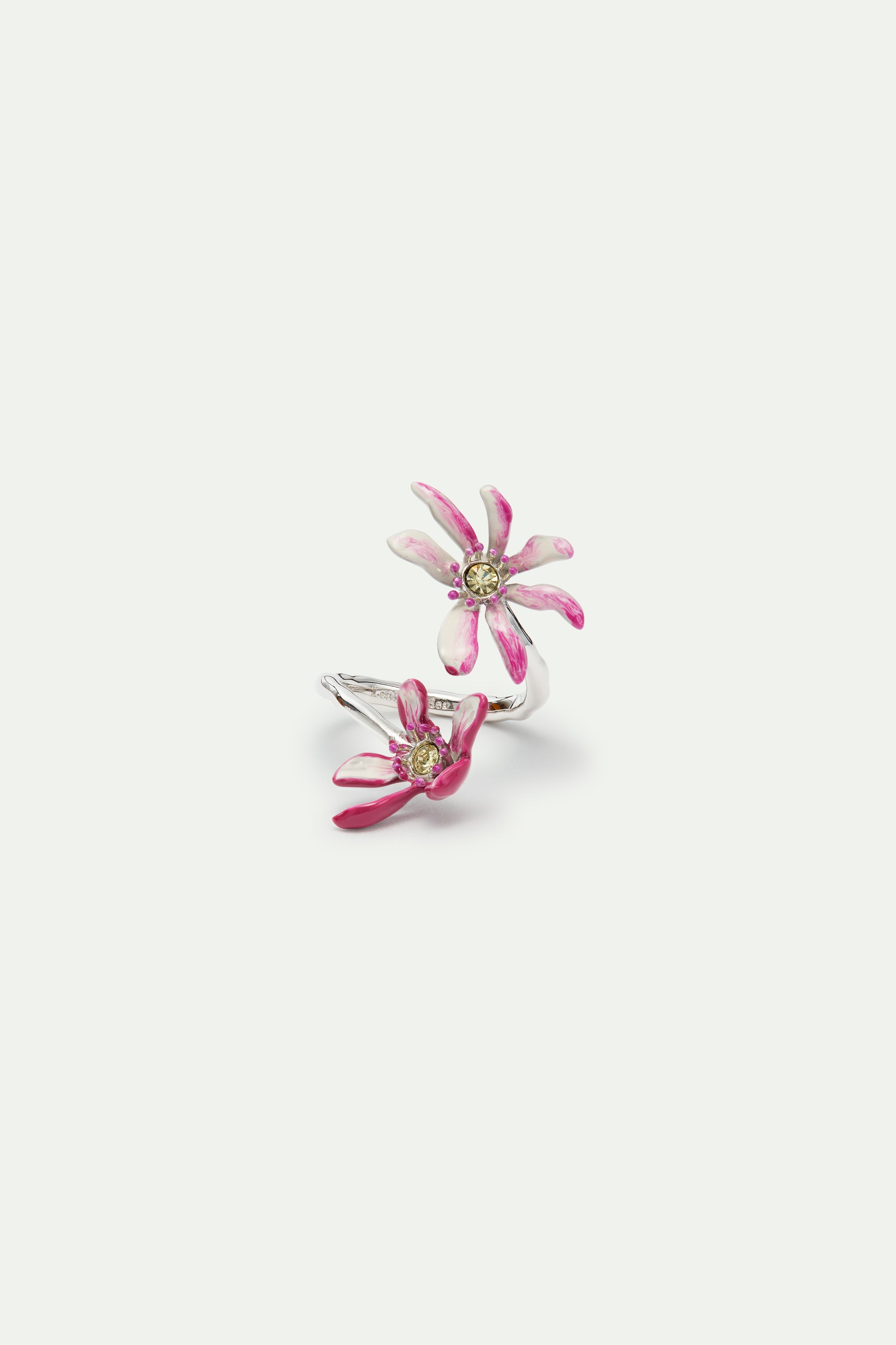 Adjustable silver ring with pink magnolia flowers and crystals