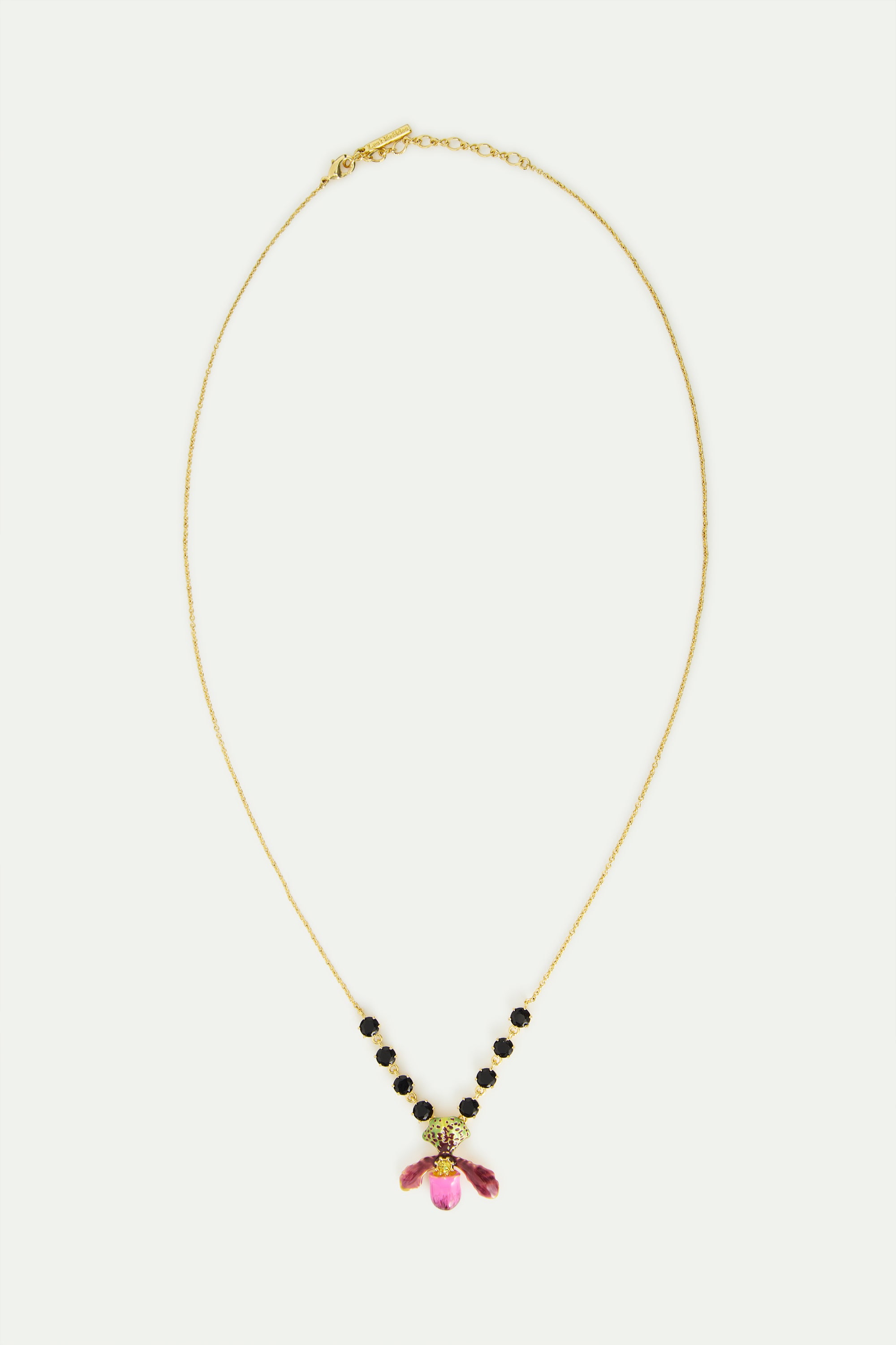 Purple lady's slipper orchid necklace with black faceted glass stones