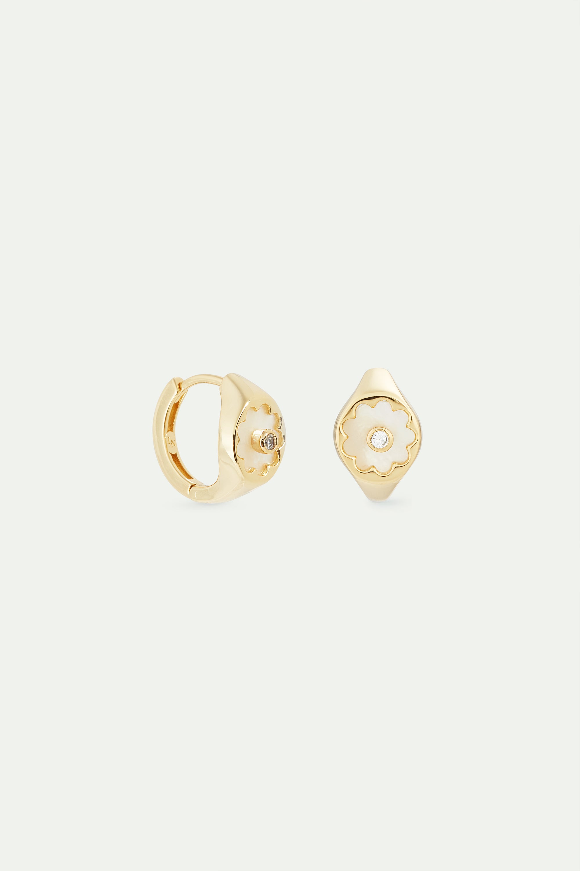 Golden post earrings with mother of pearl white flower