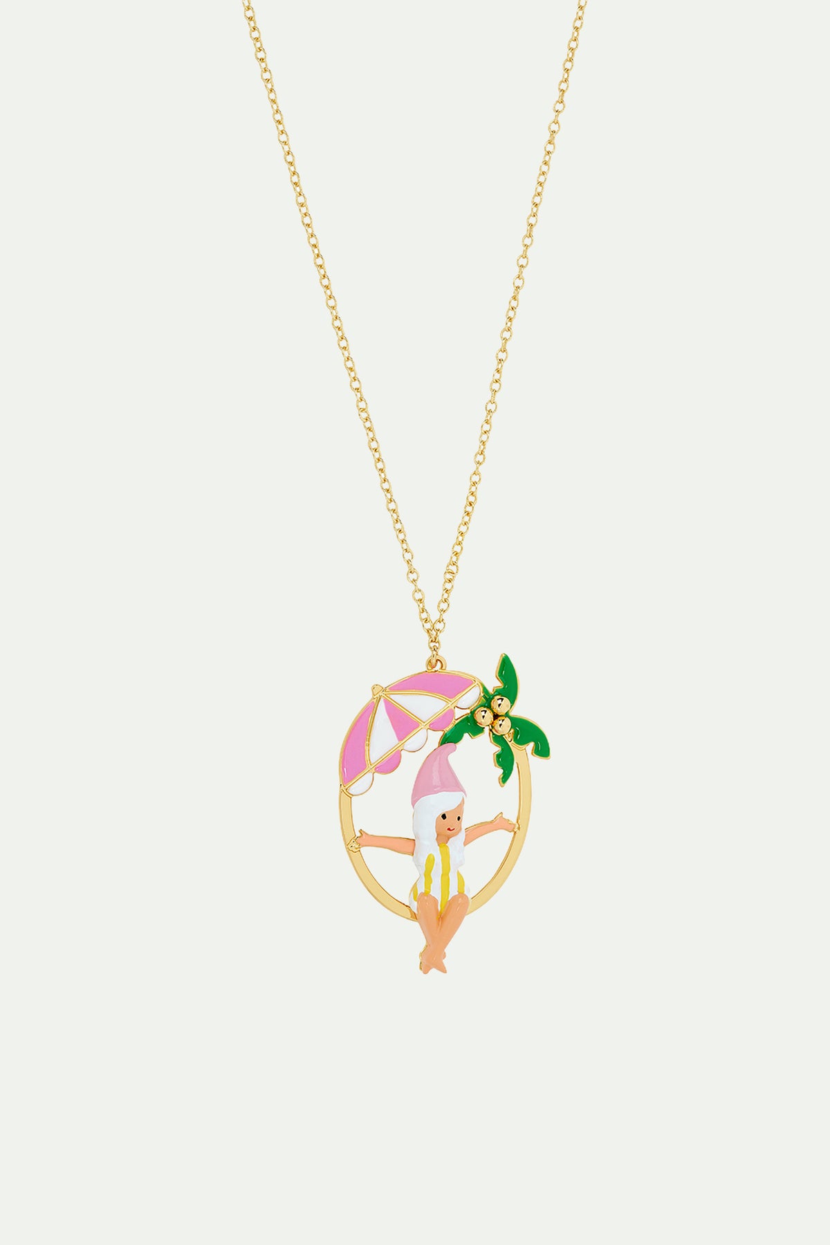 Gnome, parasol and palm tree pendant necklace