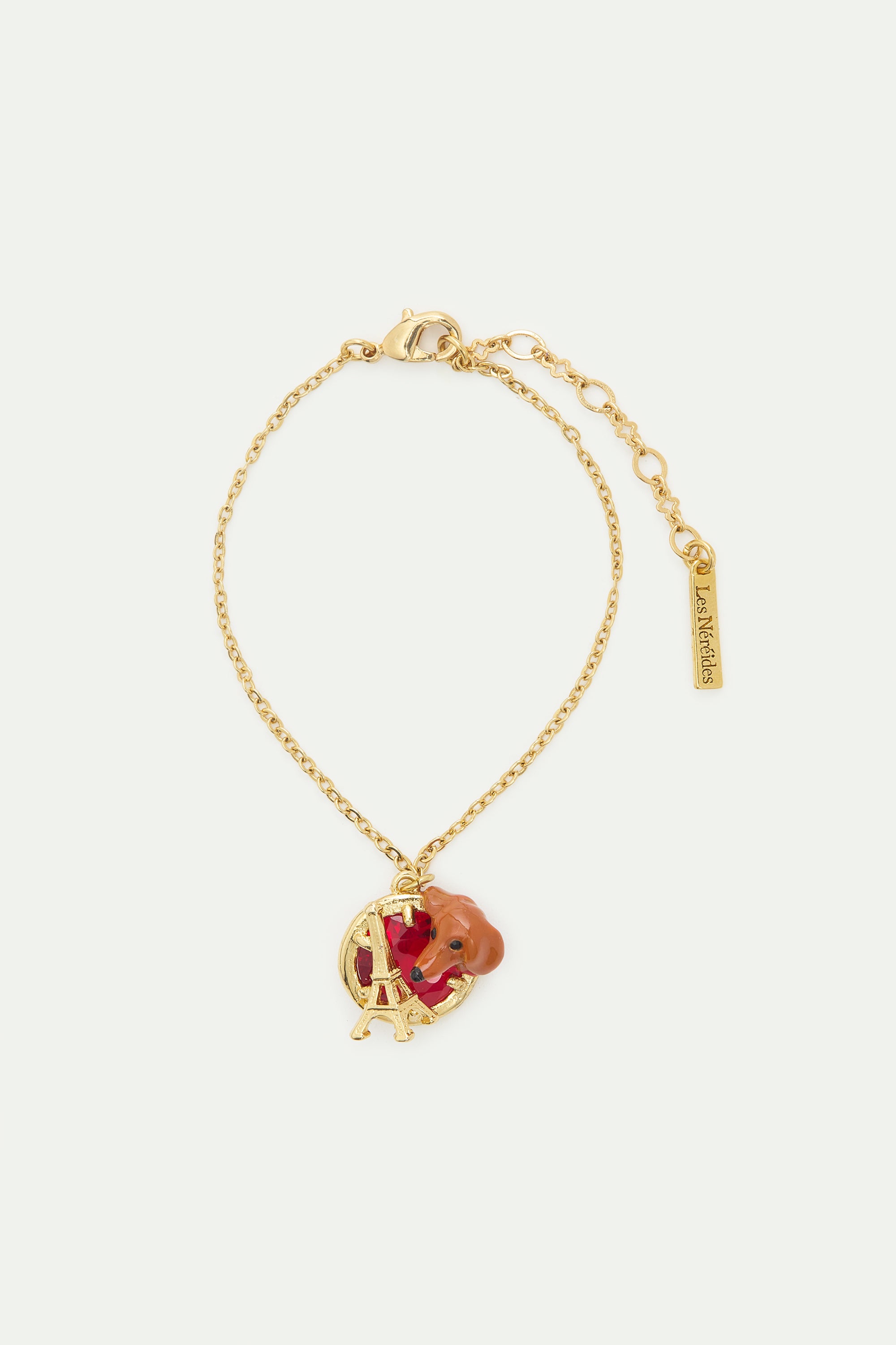 Dachshund fine bracelet with Eiffel tower and garnet red stone