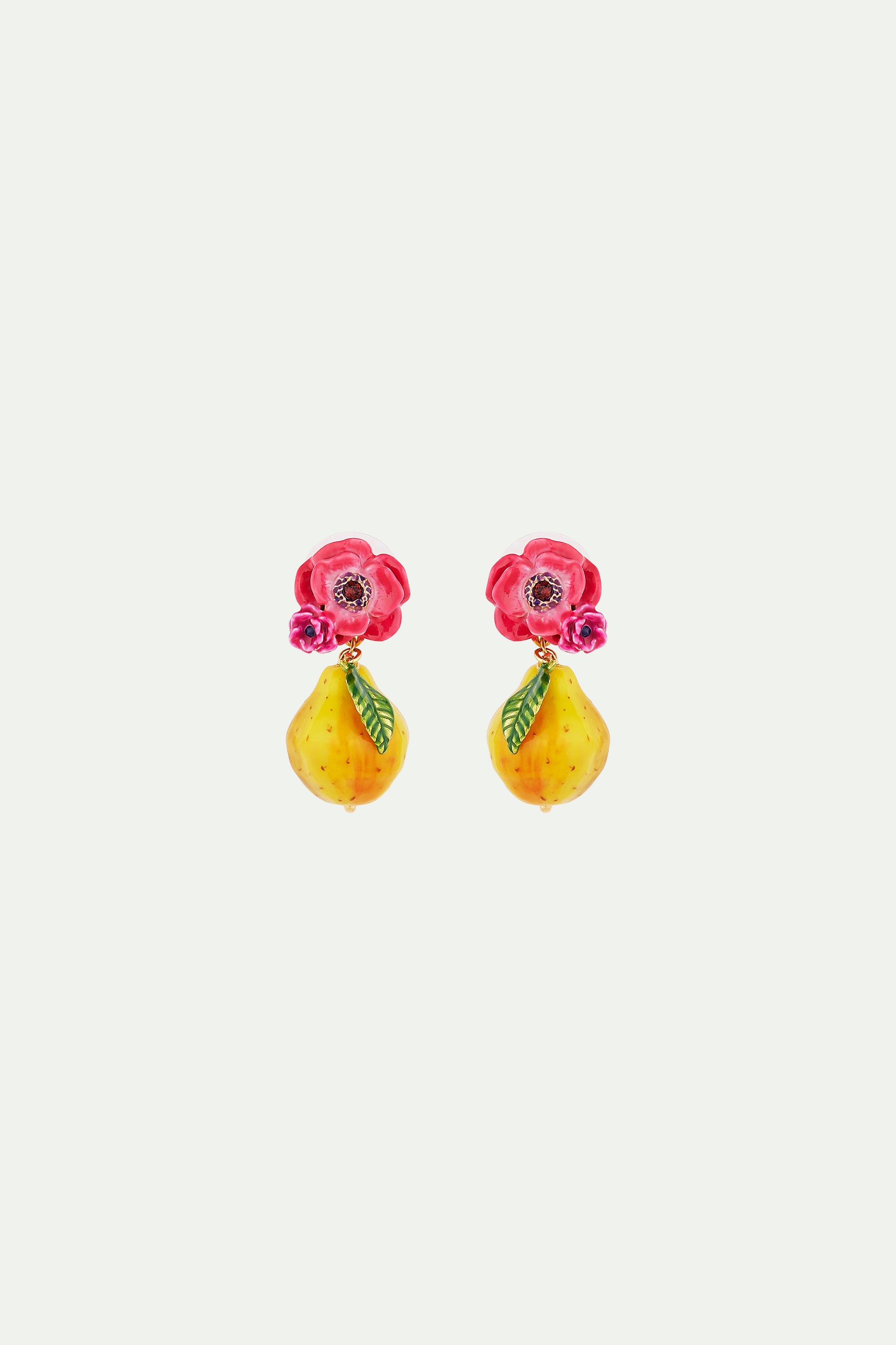 Pink poppy flower and sweet pear clip on earrings