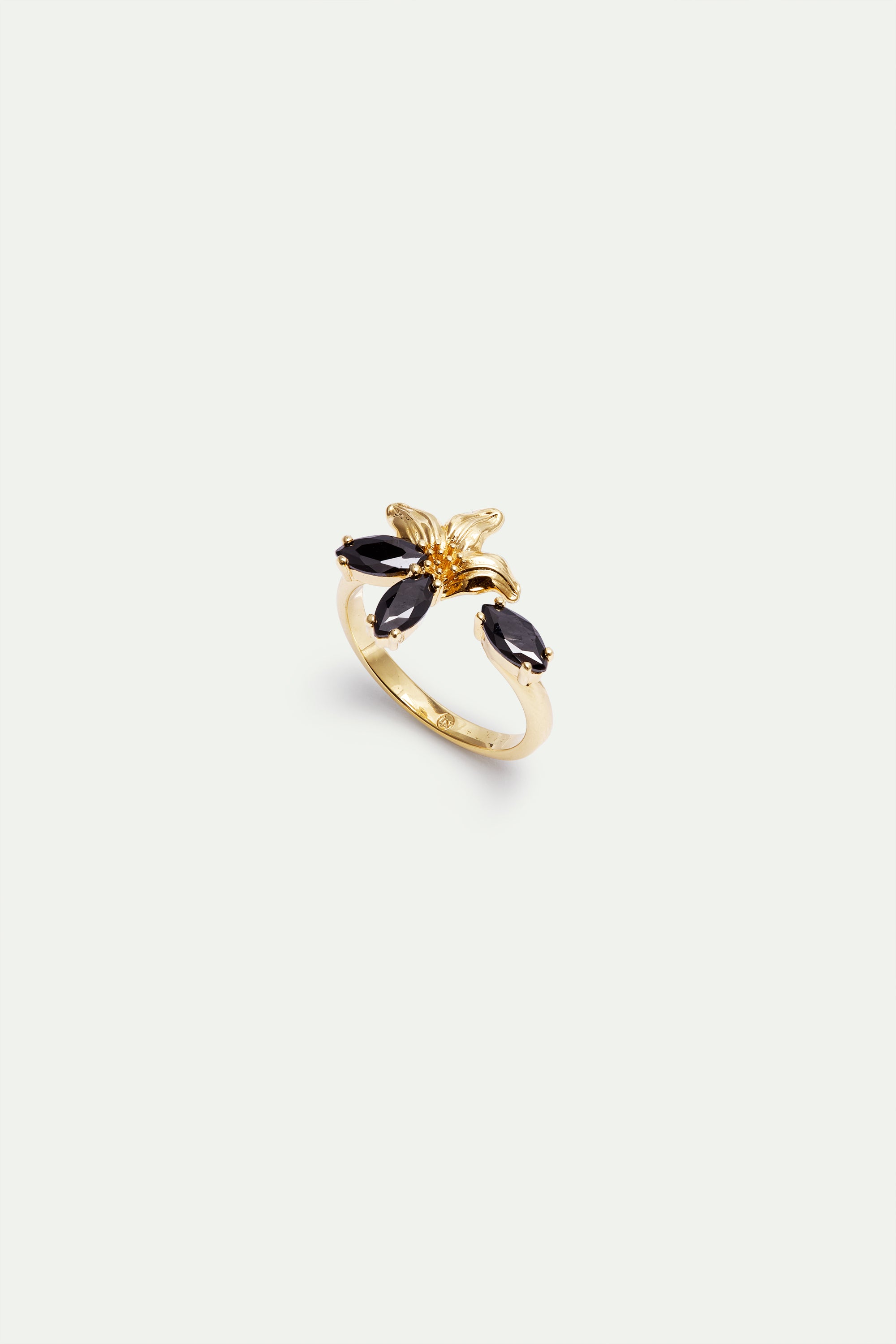 Golden lily and black stone adjustable ring