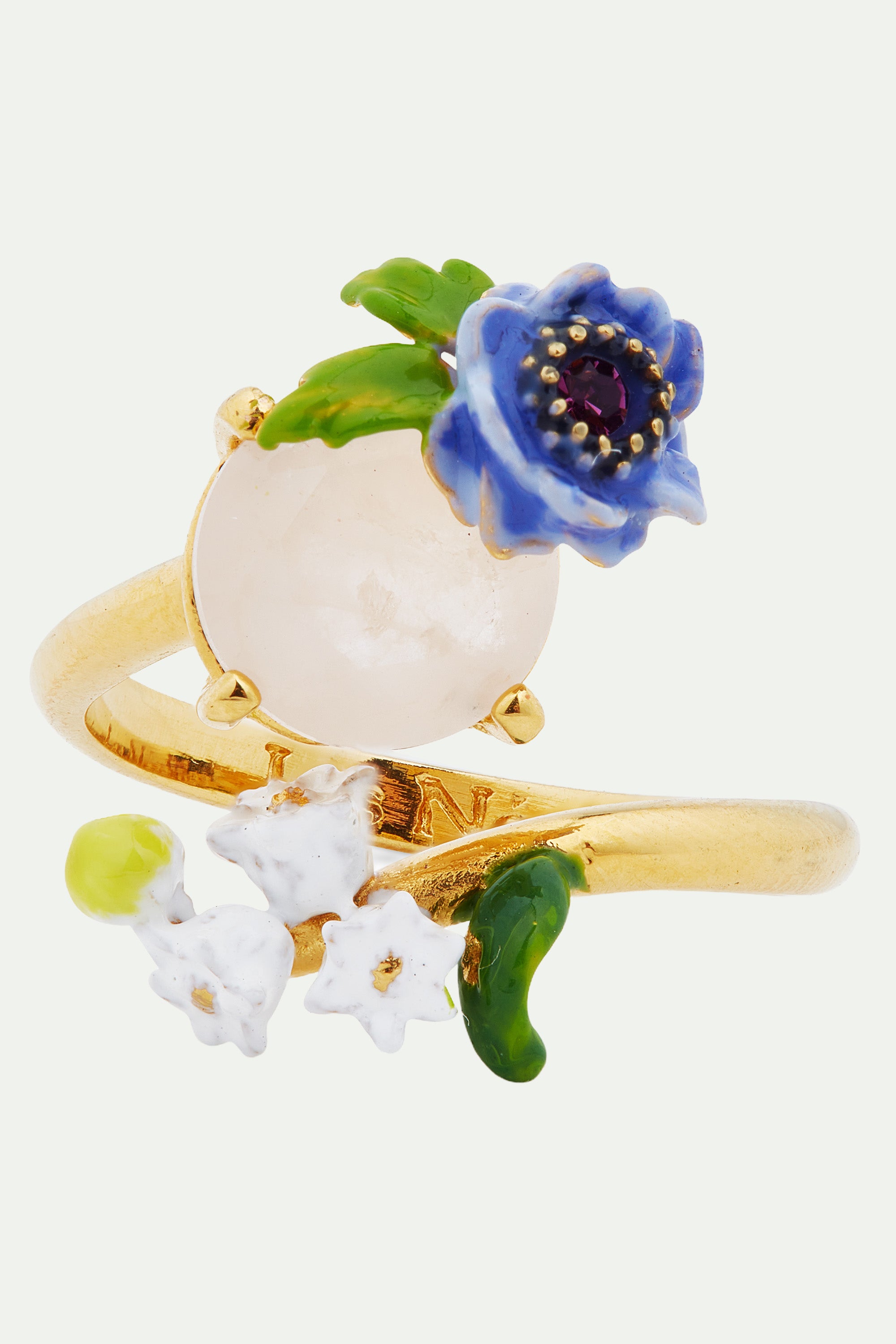 Rose quartz and floral composition adjustable ring