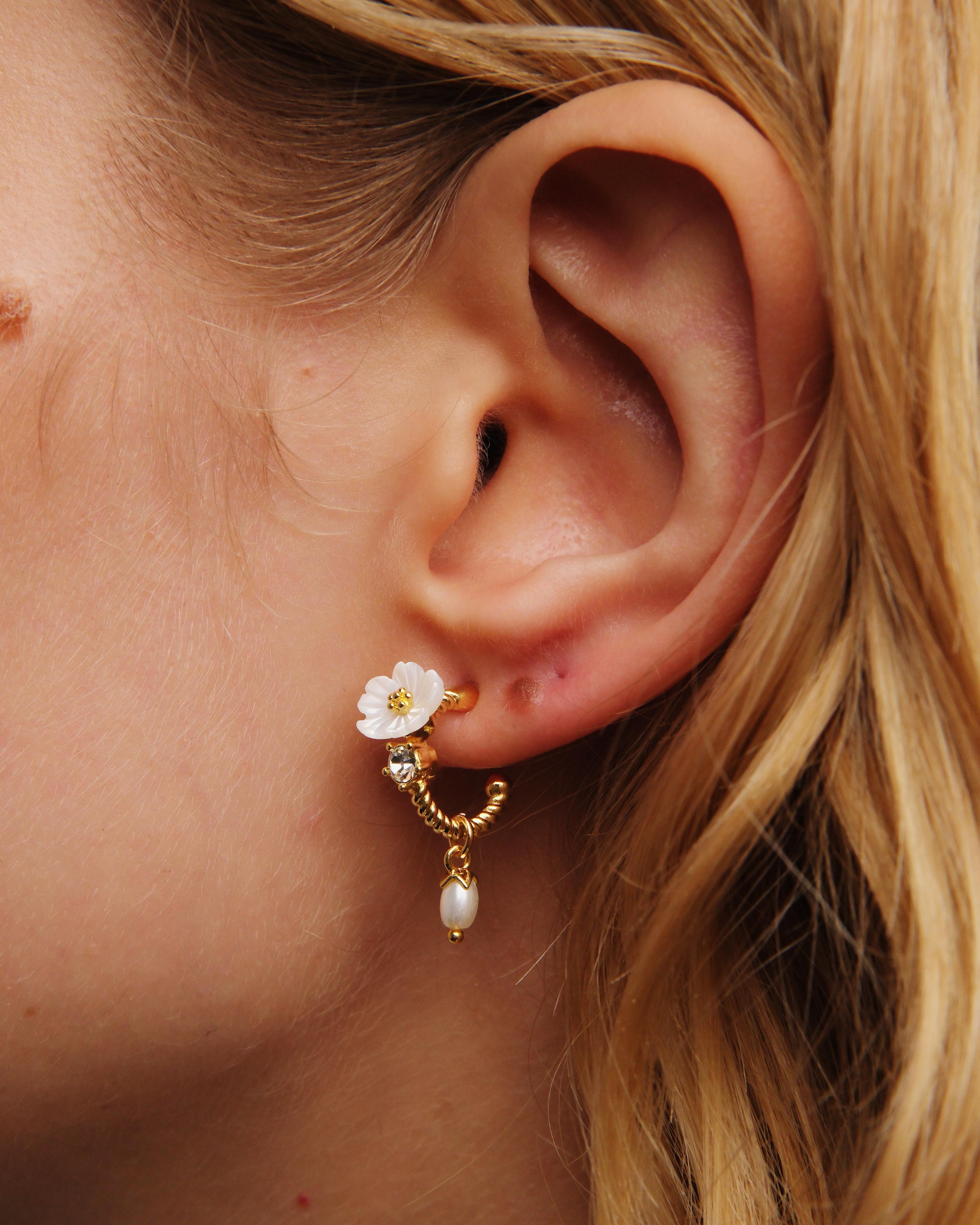 White jasmine, faceted crystal and glass pearl bead post dangle earrings