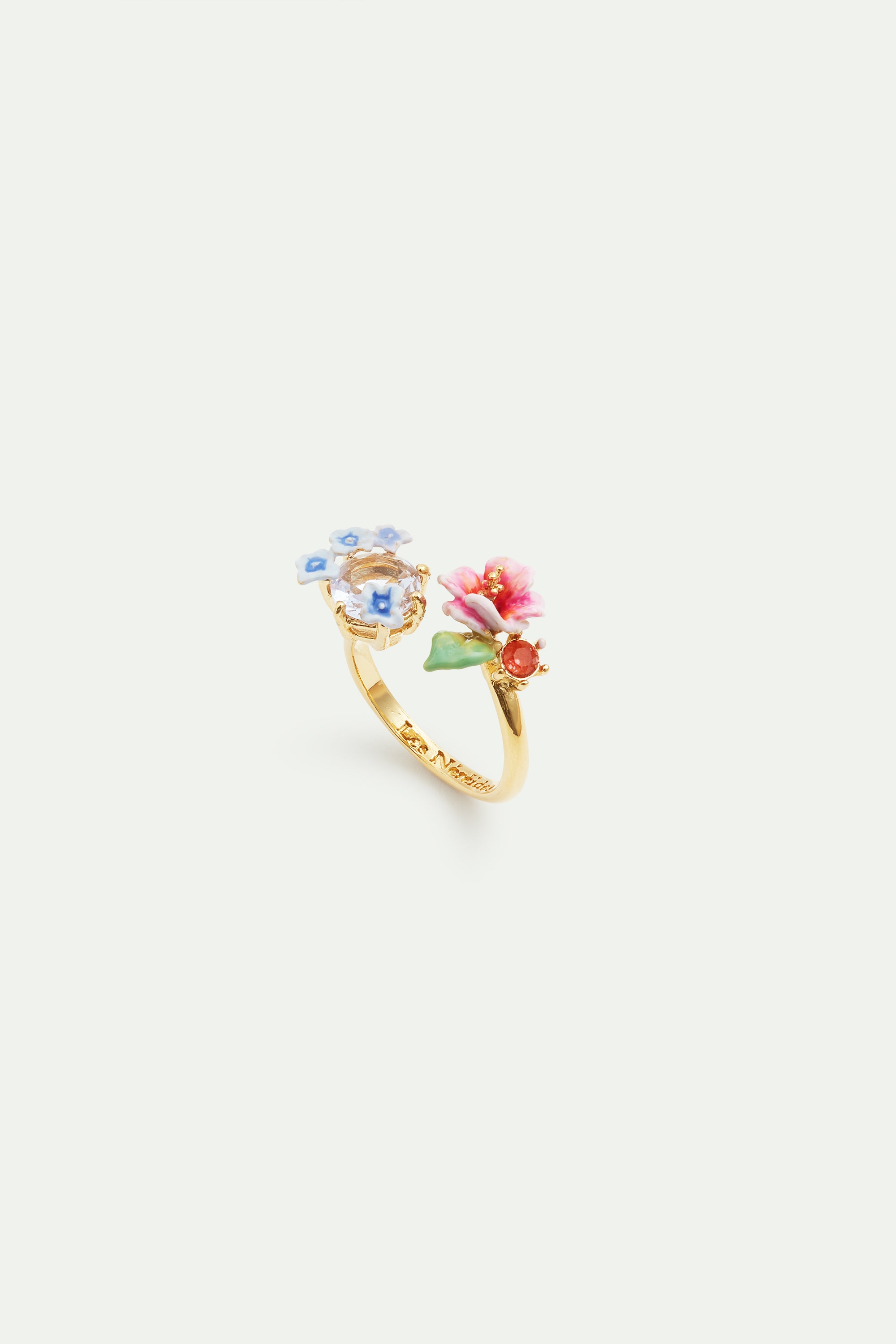 Hydrangea flower and round faceted glass stone adjustable ring