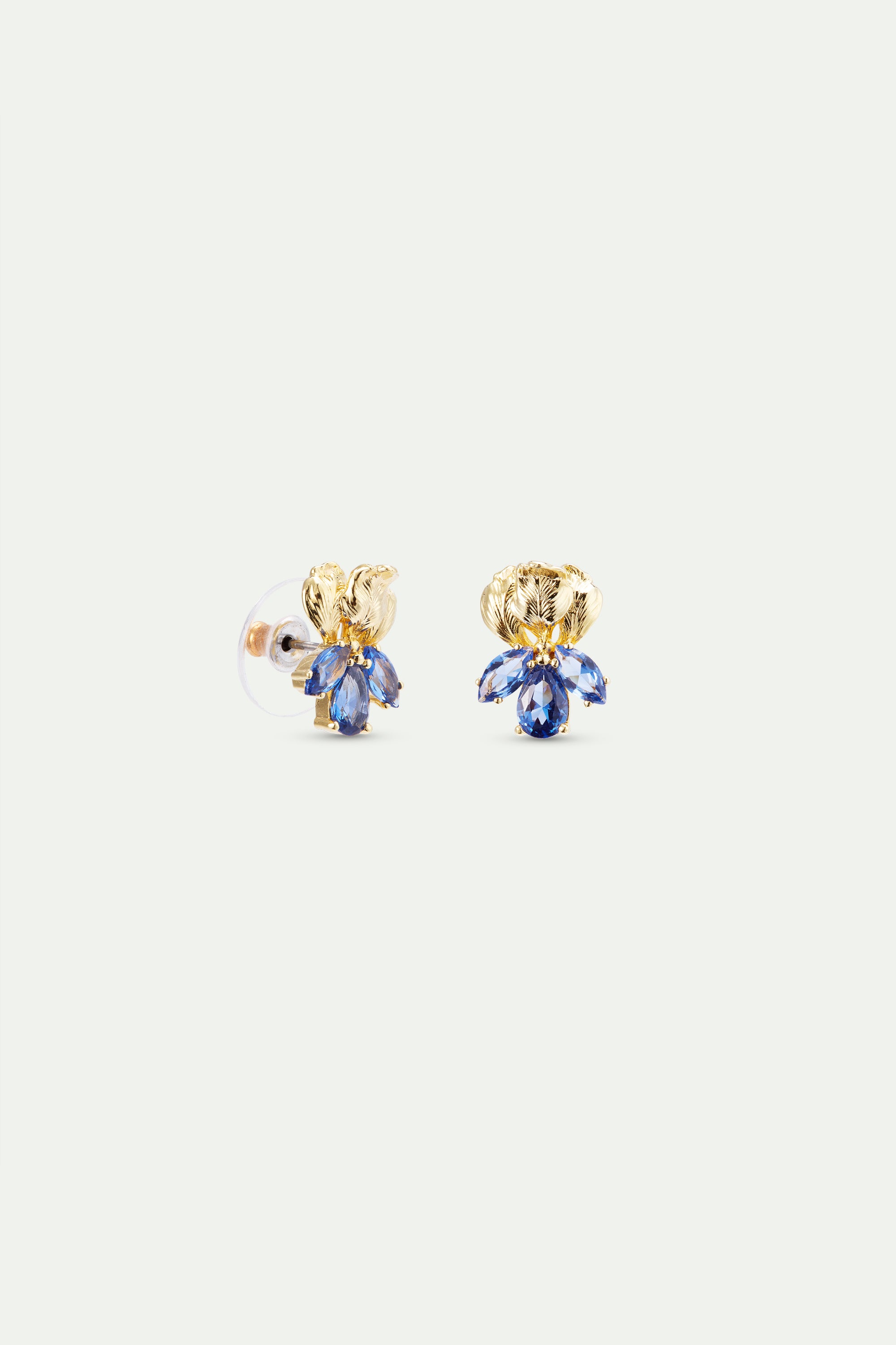 Gold iris flower and blue stone post earrings