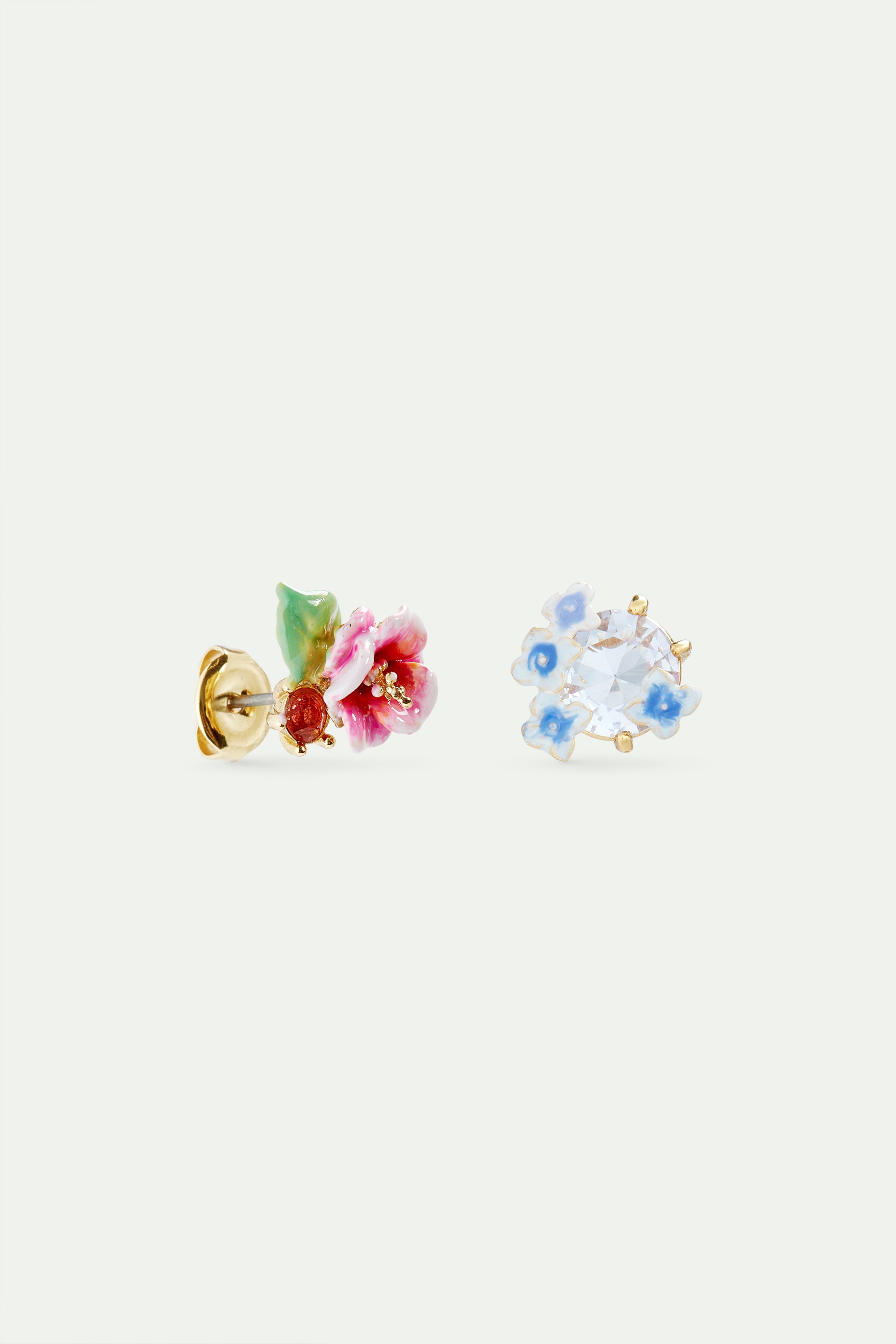 Asymmetrical enamelled hydrangea flower and lavender-coloured round stone earrings