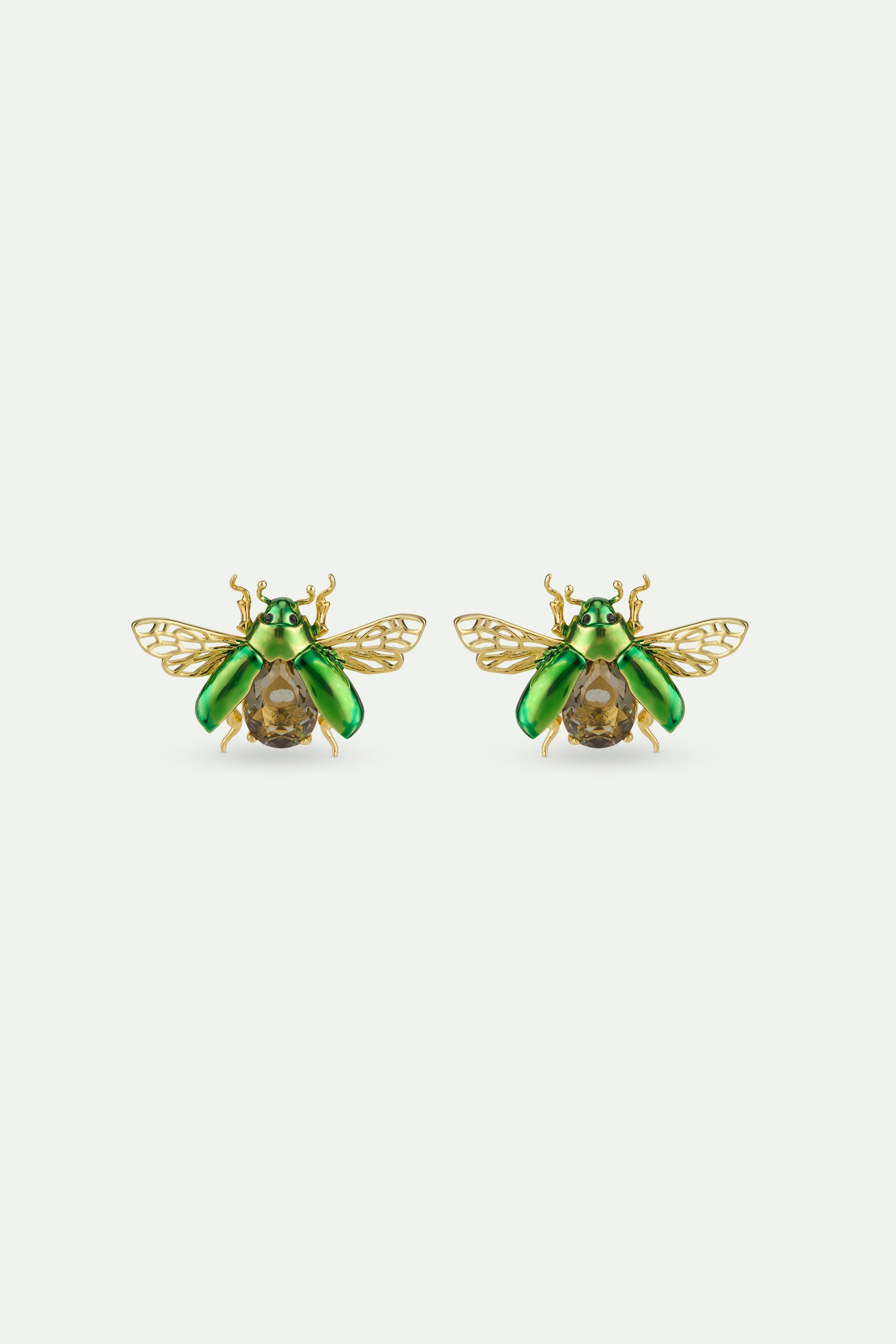 Post earrings with flying green rose chafer and black faceted glass stone