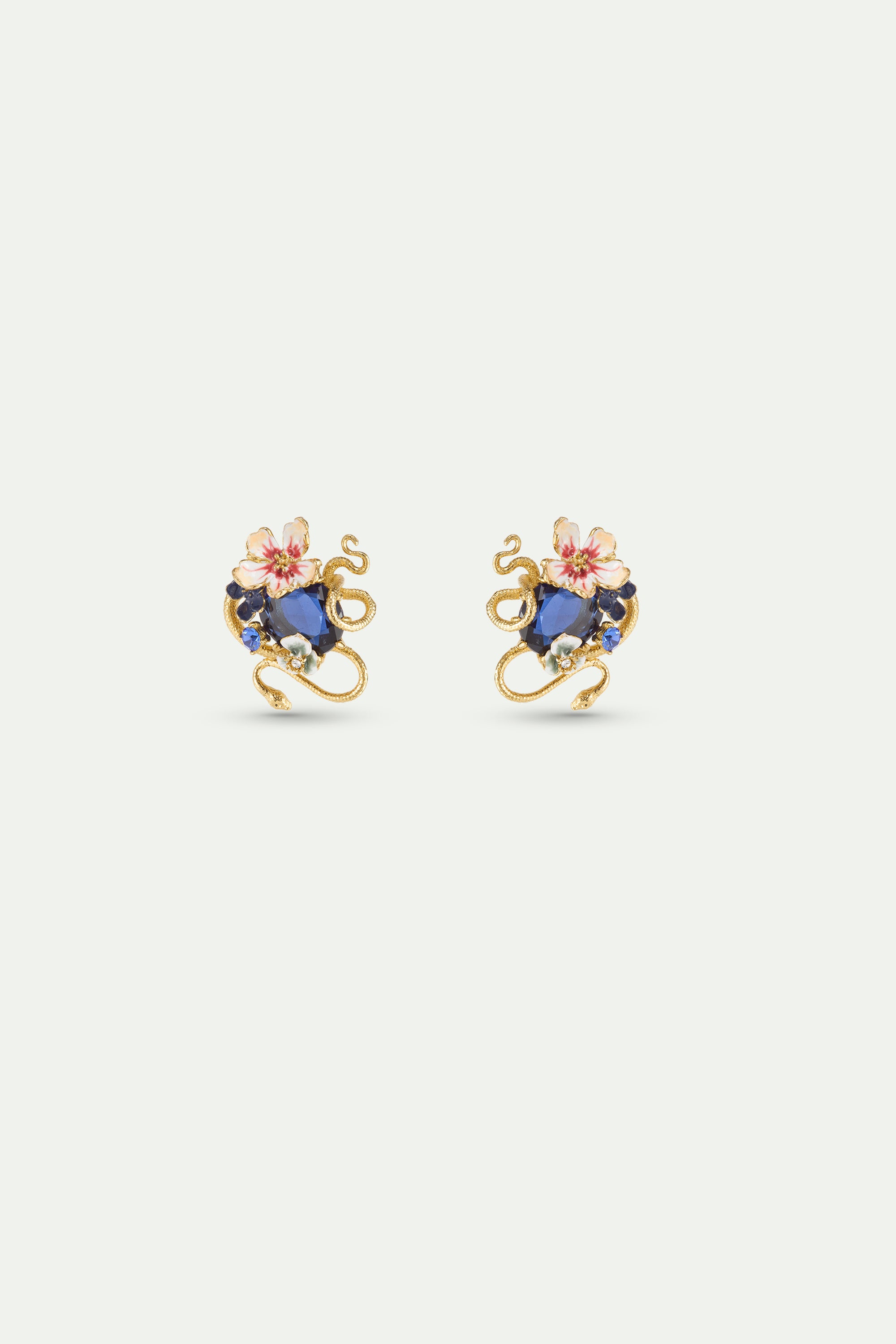 Earrings with blue faceted stone, gold snake and mallow flowers