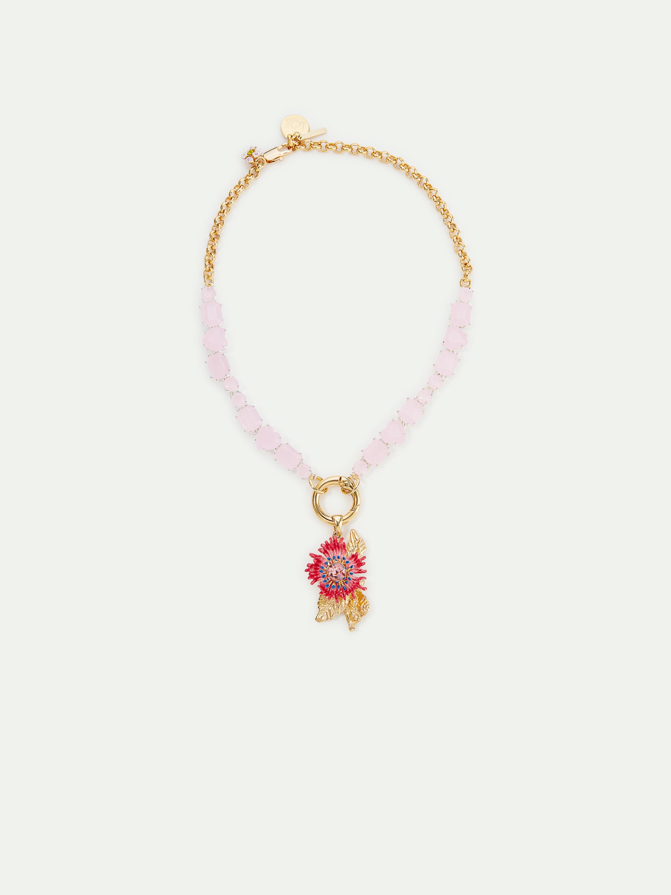 Pink faceted stones and colourful flower choker necklace