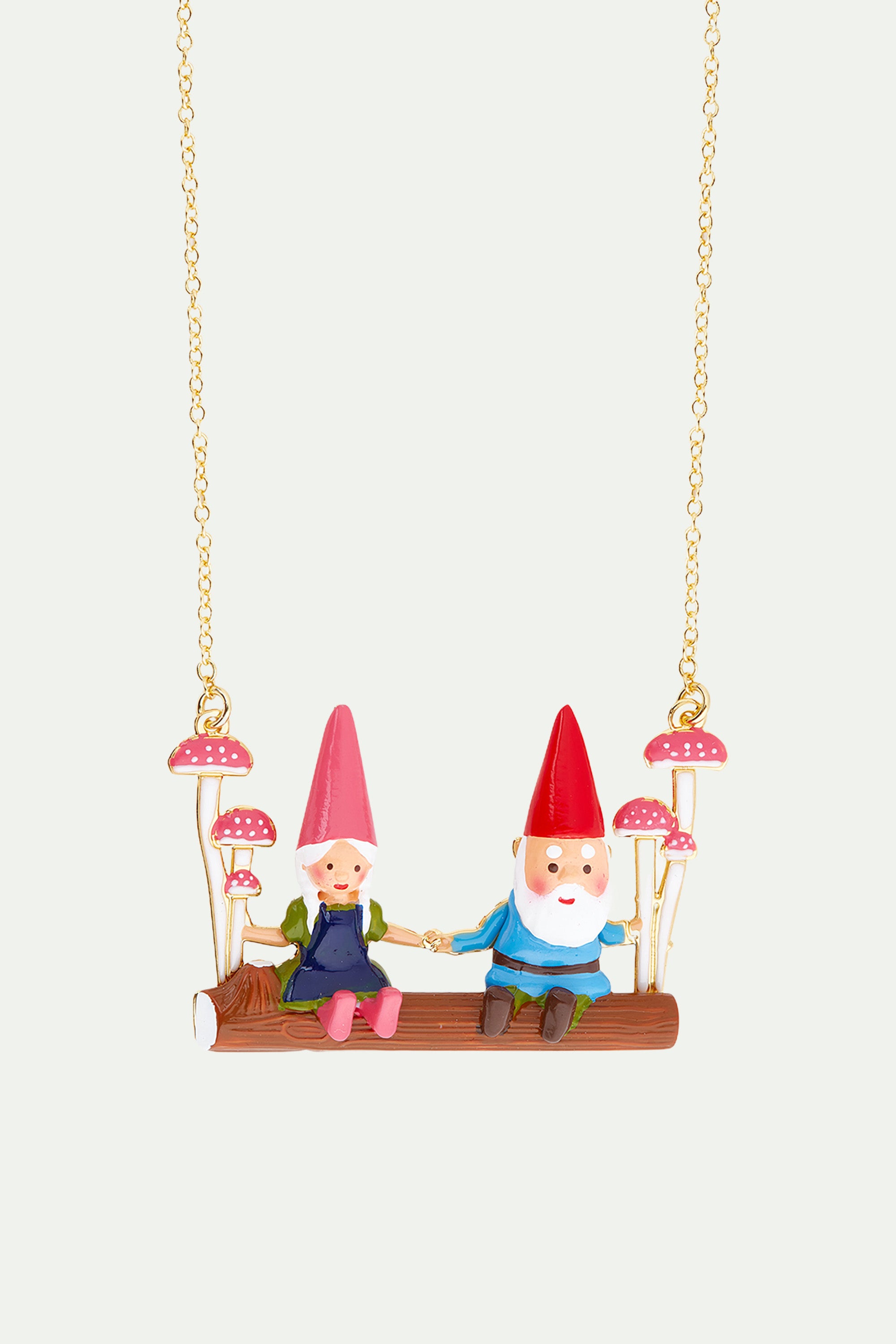 Garden gnomes on a swing statement necklace