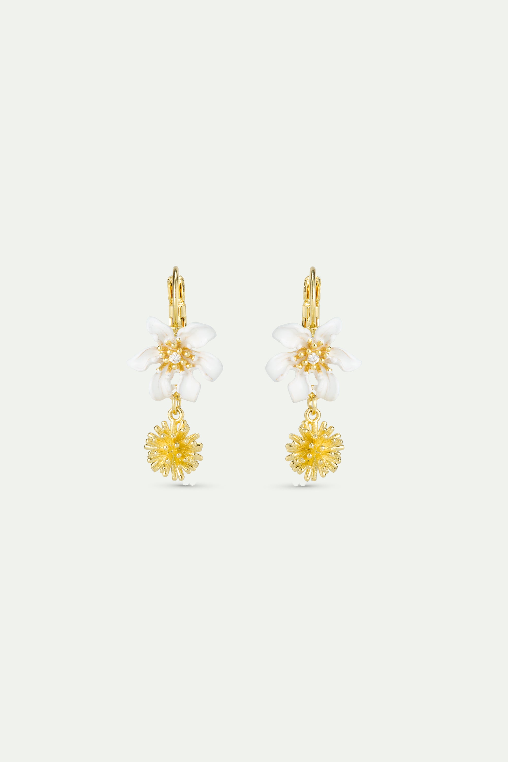 White clematis and japanese kerria sleeper earrings