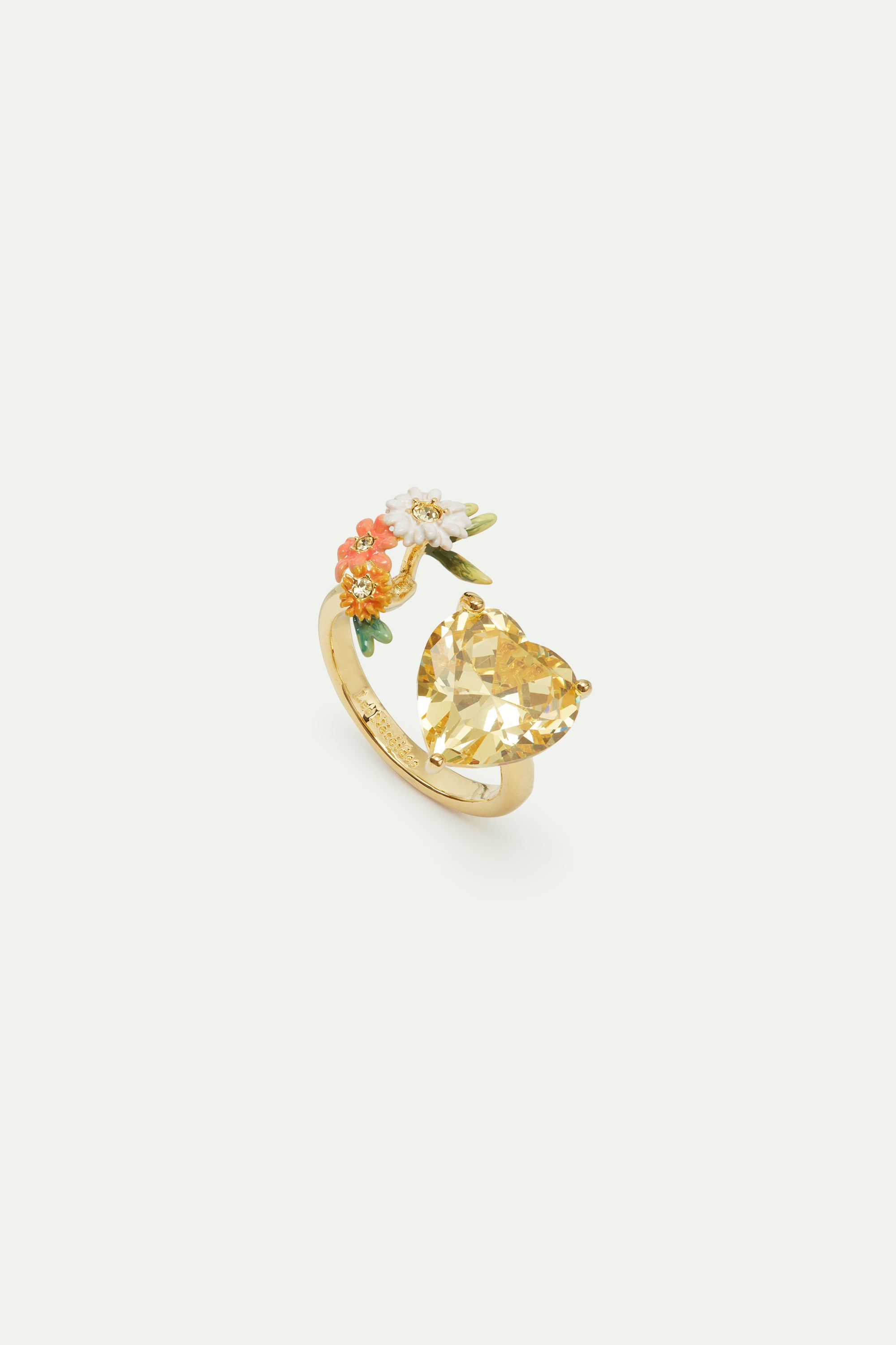 Adjustable yellow heart ring with zinnias and daisies