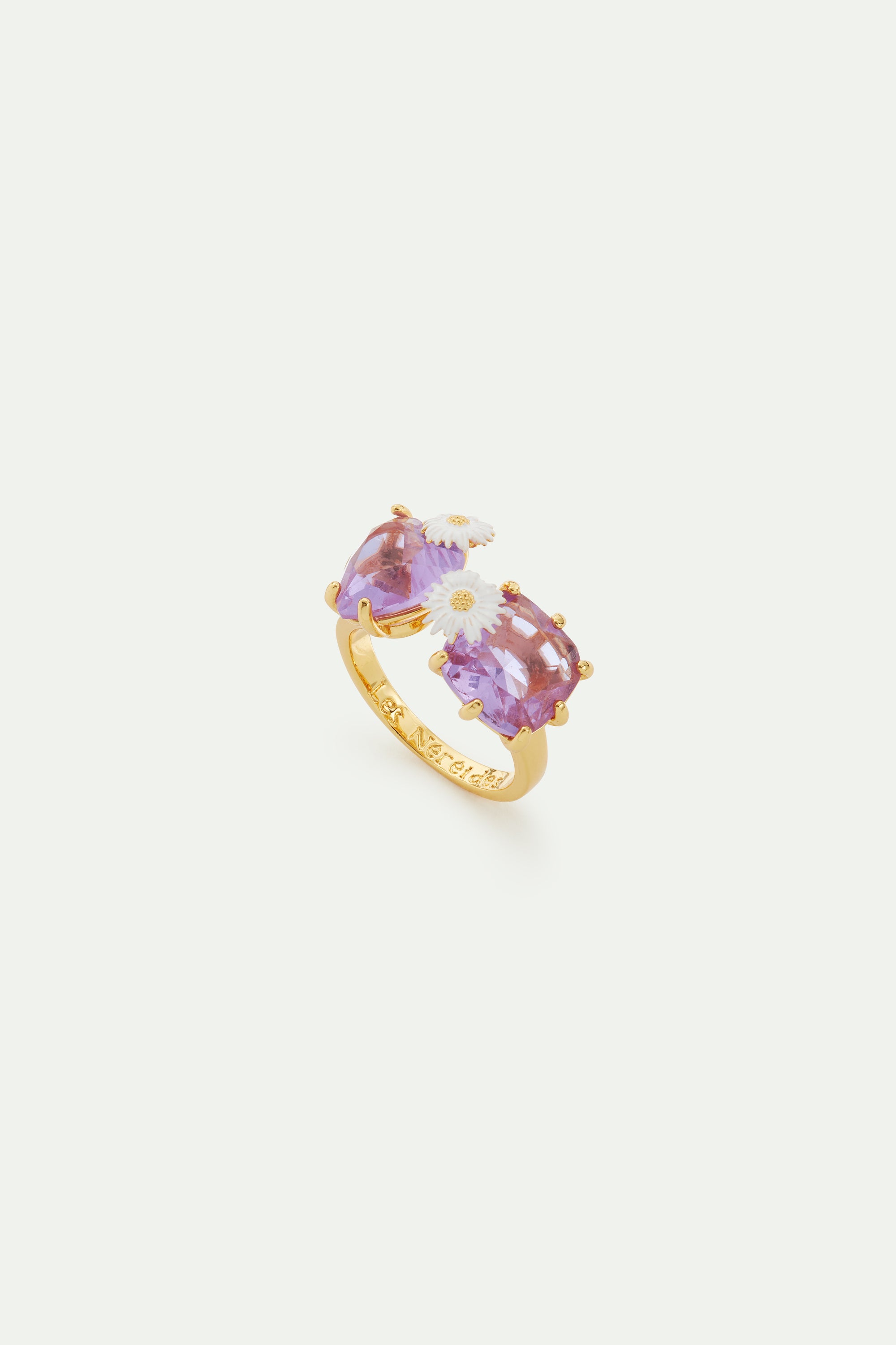 Lavender Diamantine square and heart-shaped stone you and me adjustable ring with daisies