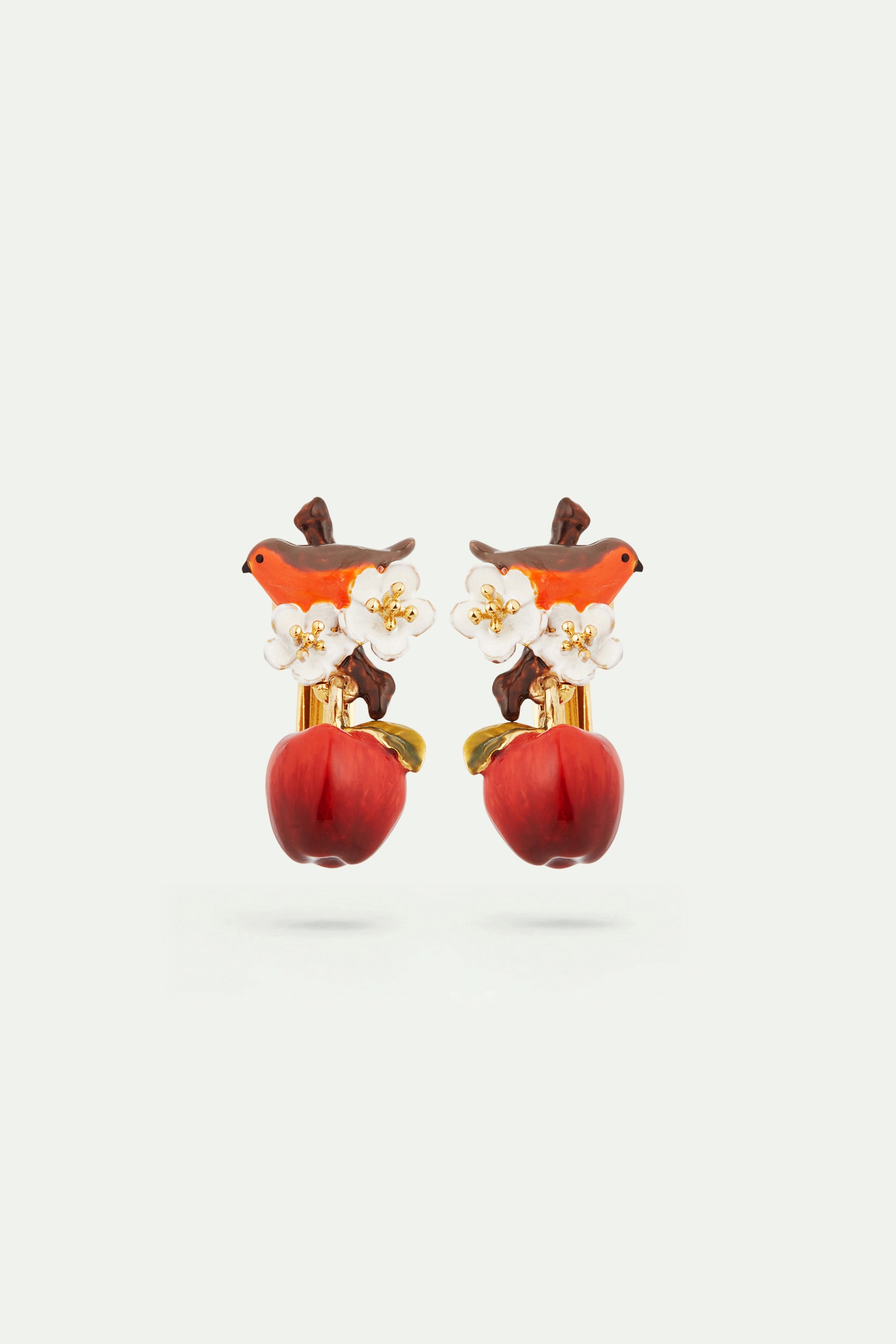 Robin and apple clip-on earrings