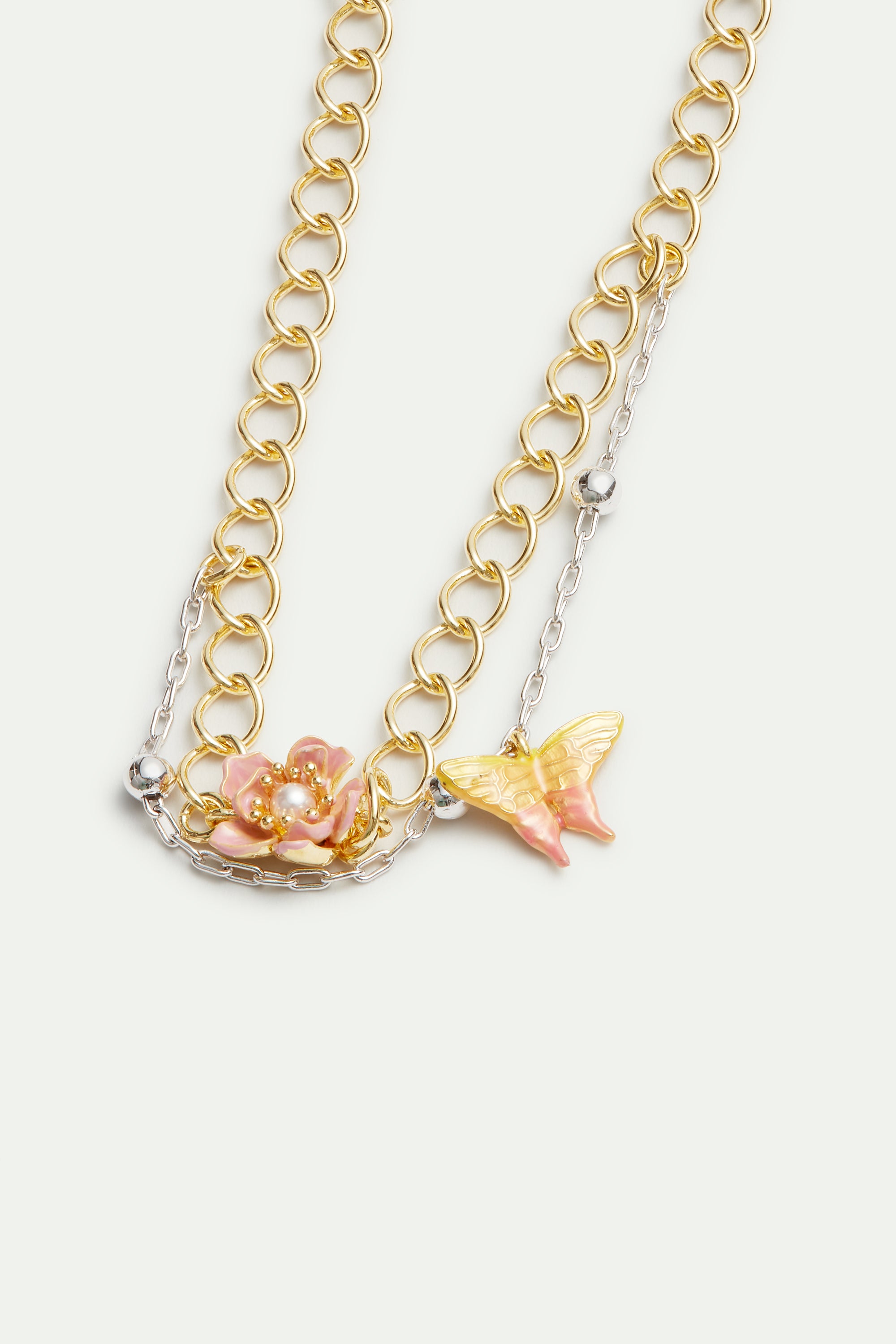 Two-tone double chain, magnolia flower and butterfly bracelet