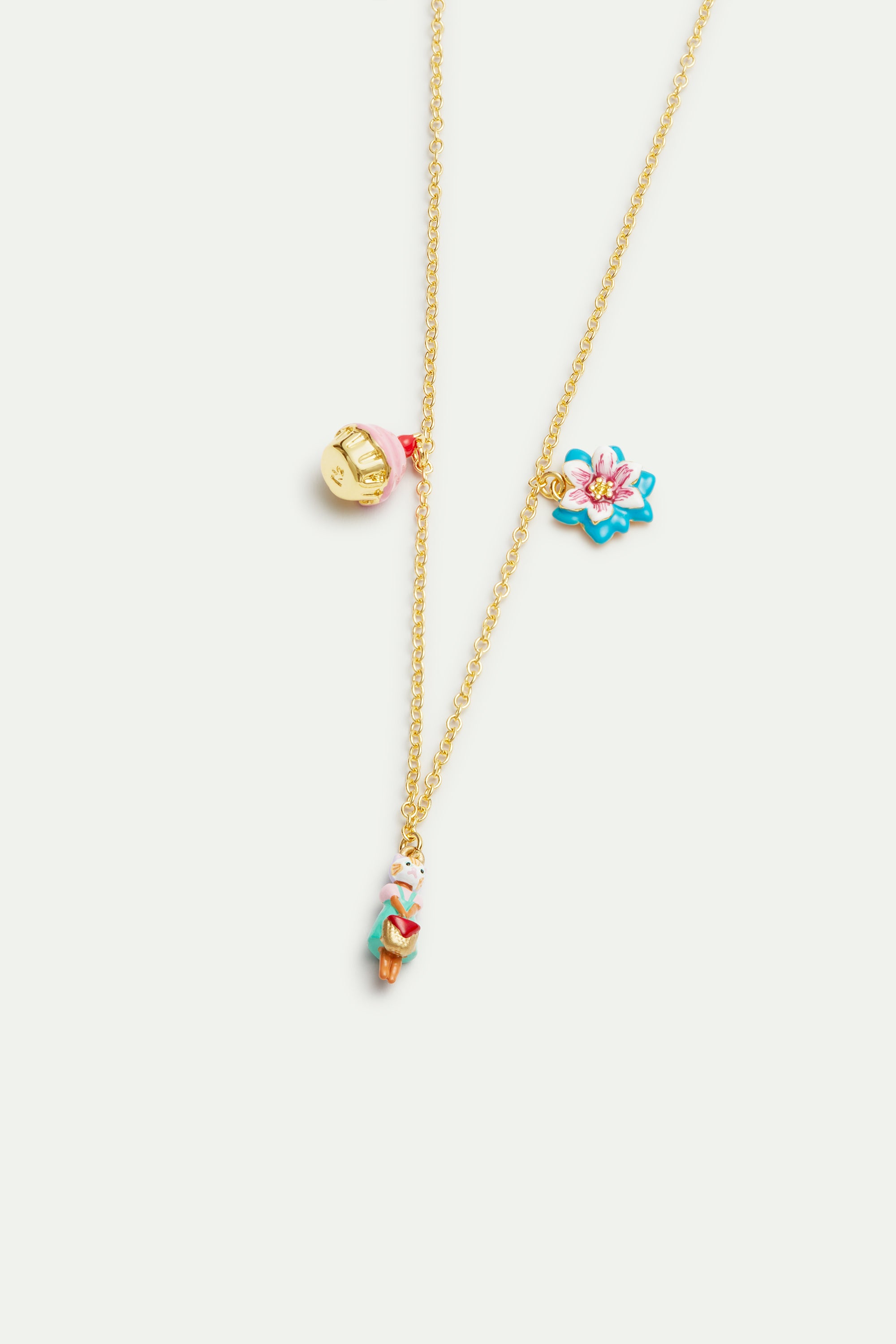 Ginger cat, blue flower and pastry pendant necklace