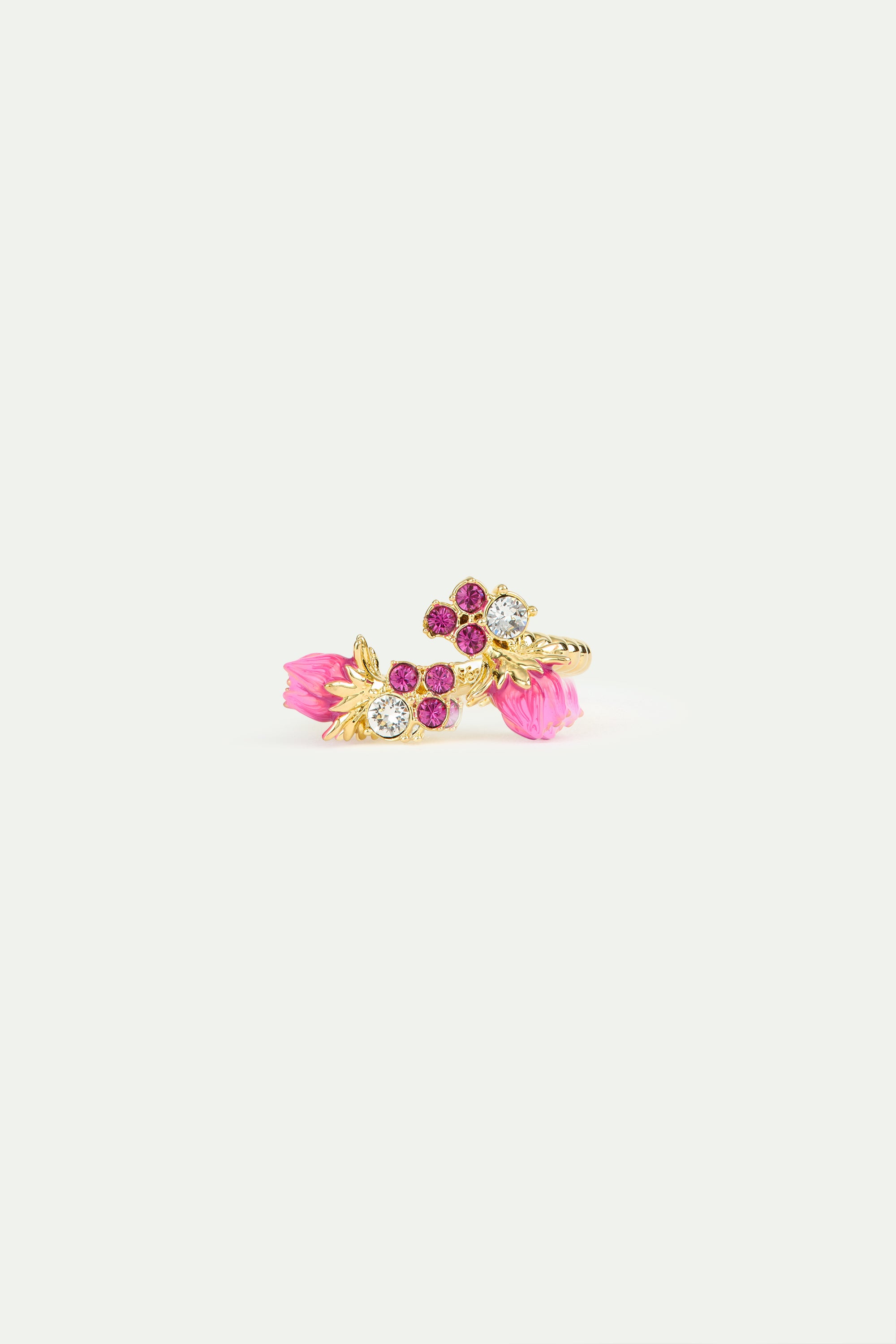 Rosebud and pink faceted crystaks adjustable ring