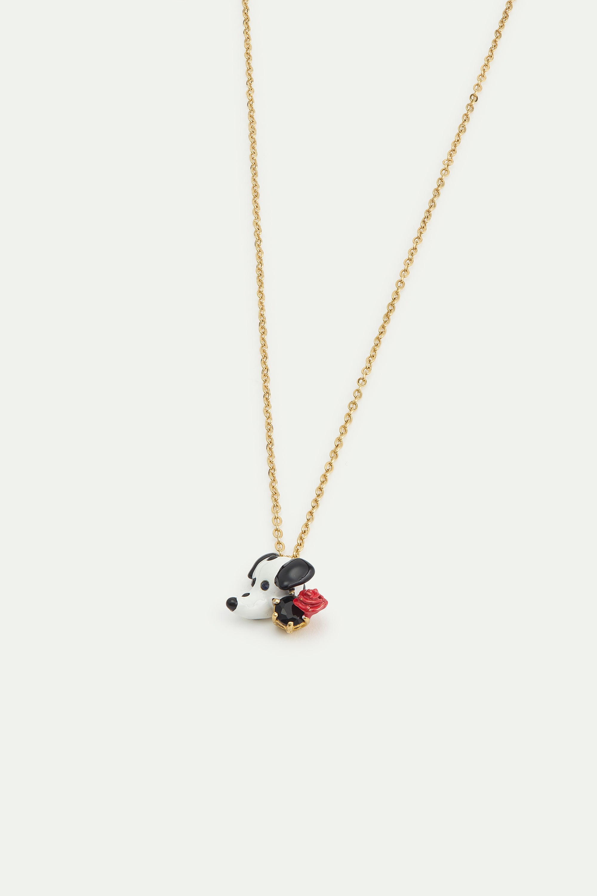 Dalmatian pendant necklace with black round faceted glass stone and red rose