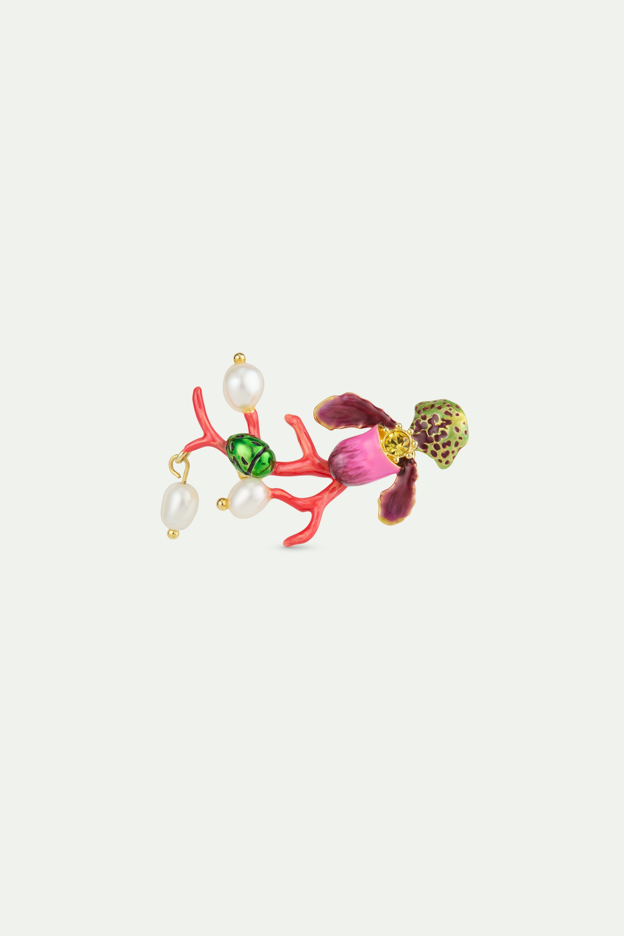 Purple lady's slipper orchid brooch with red coral, green rose chafer and cultured pearls