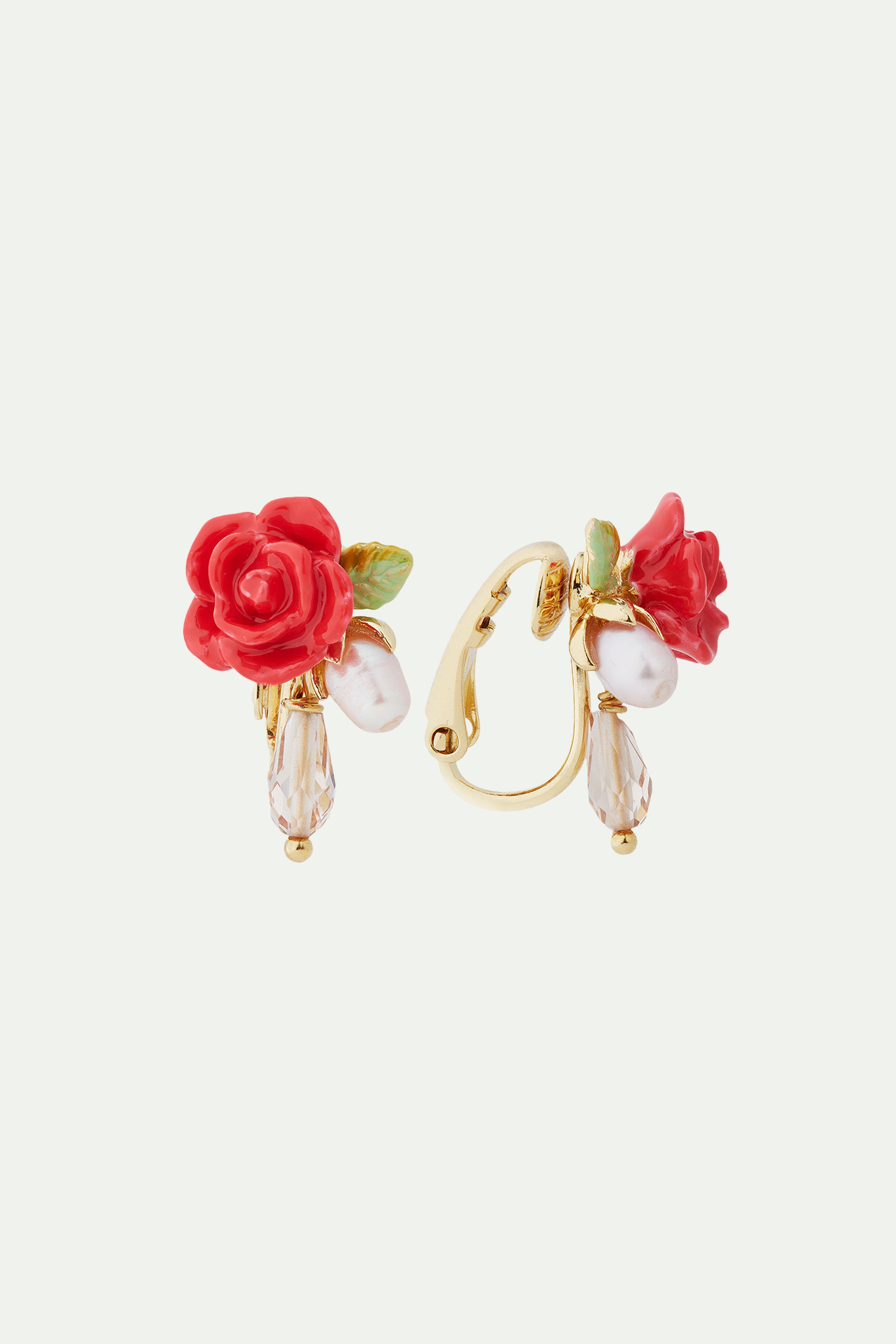 Rose, cultured pearl and glass drop clip-on earrings