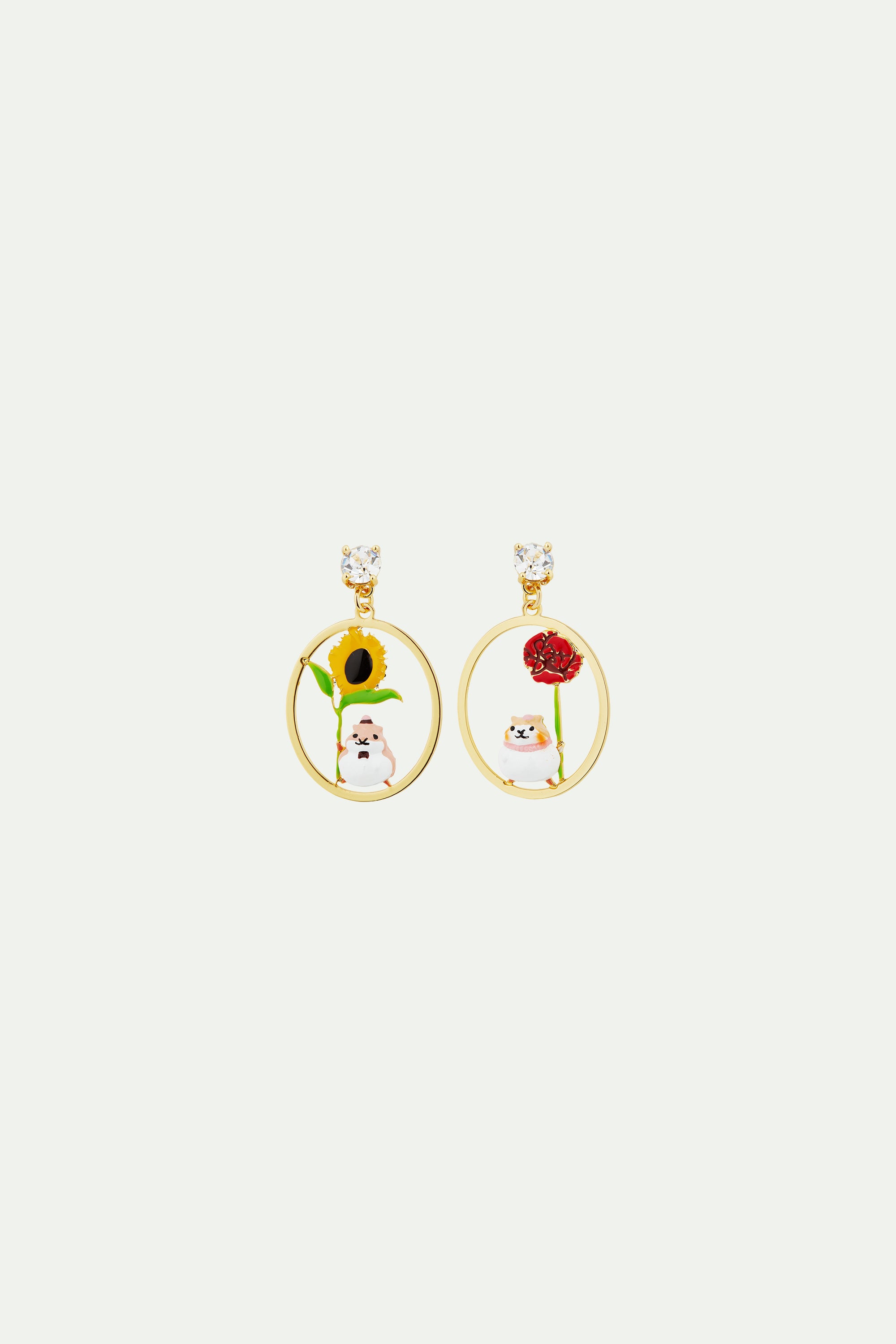 Hamster and flower asymmetrical earrings