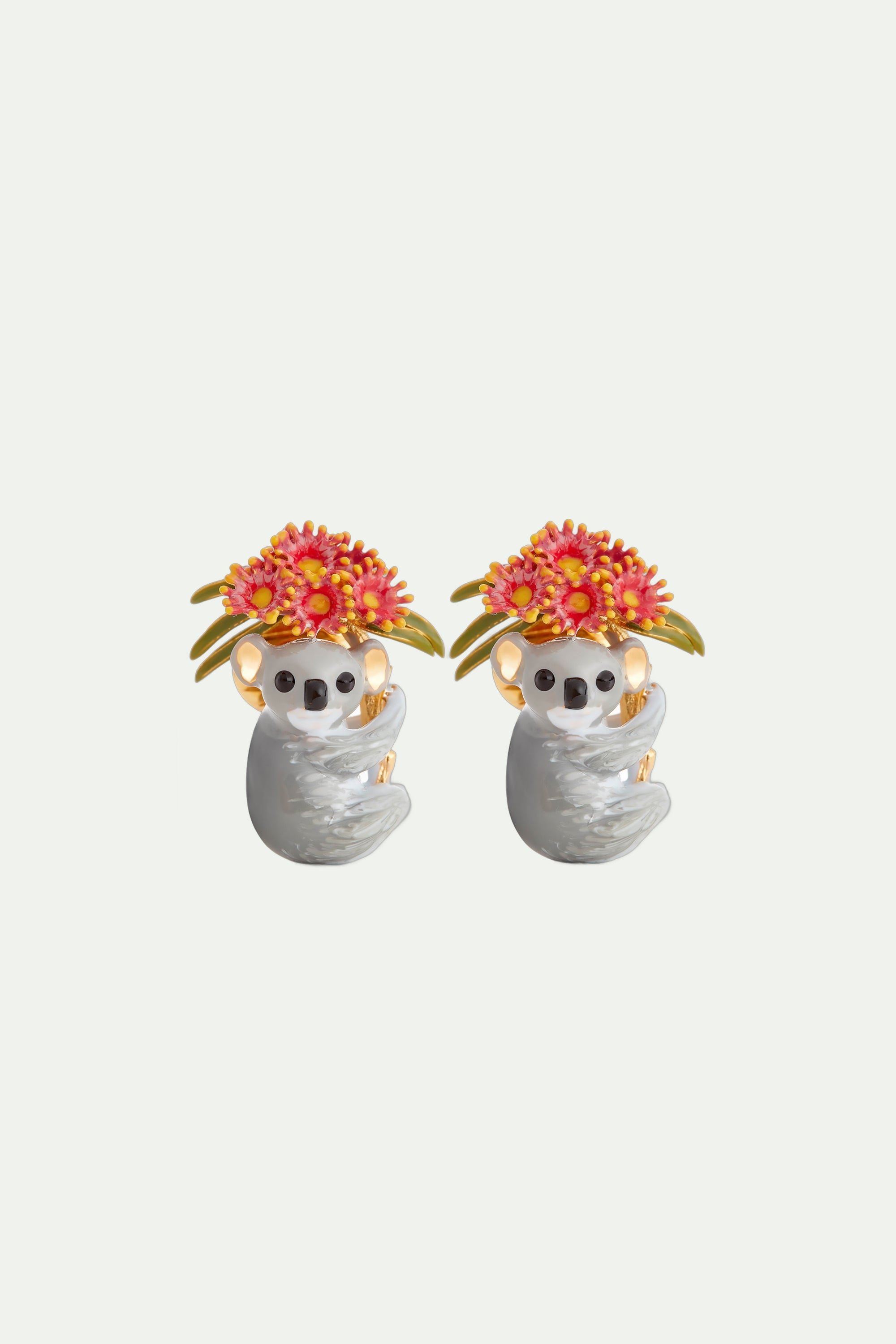 Duo of Koalas and Pink Eucalyptus clip on earrings