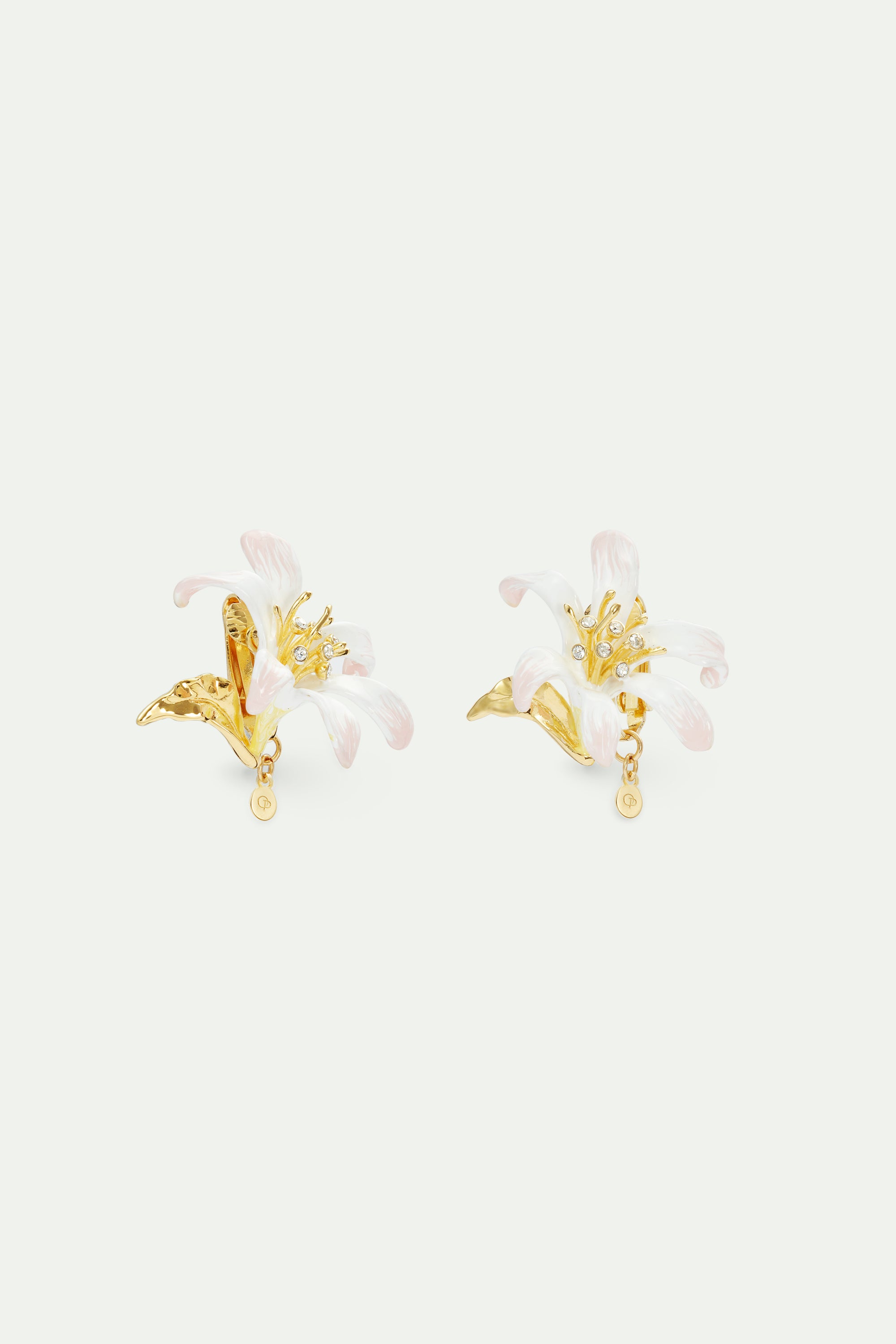 Large white lily earrings and golden leaves