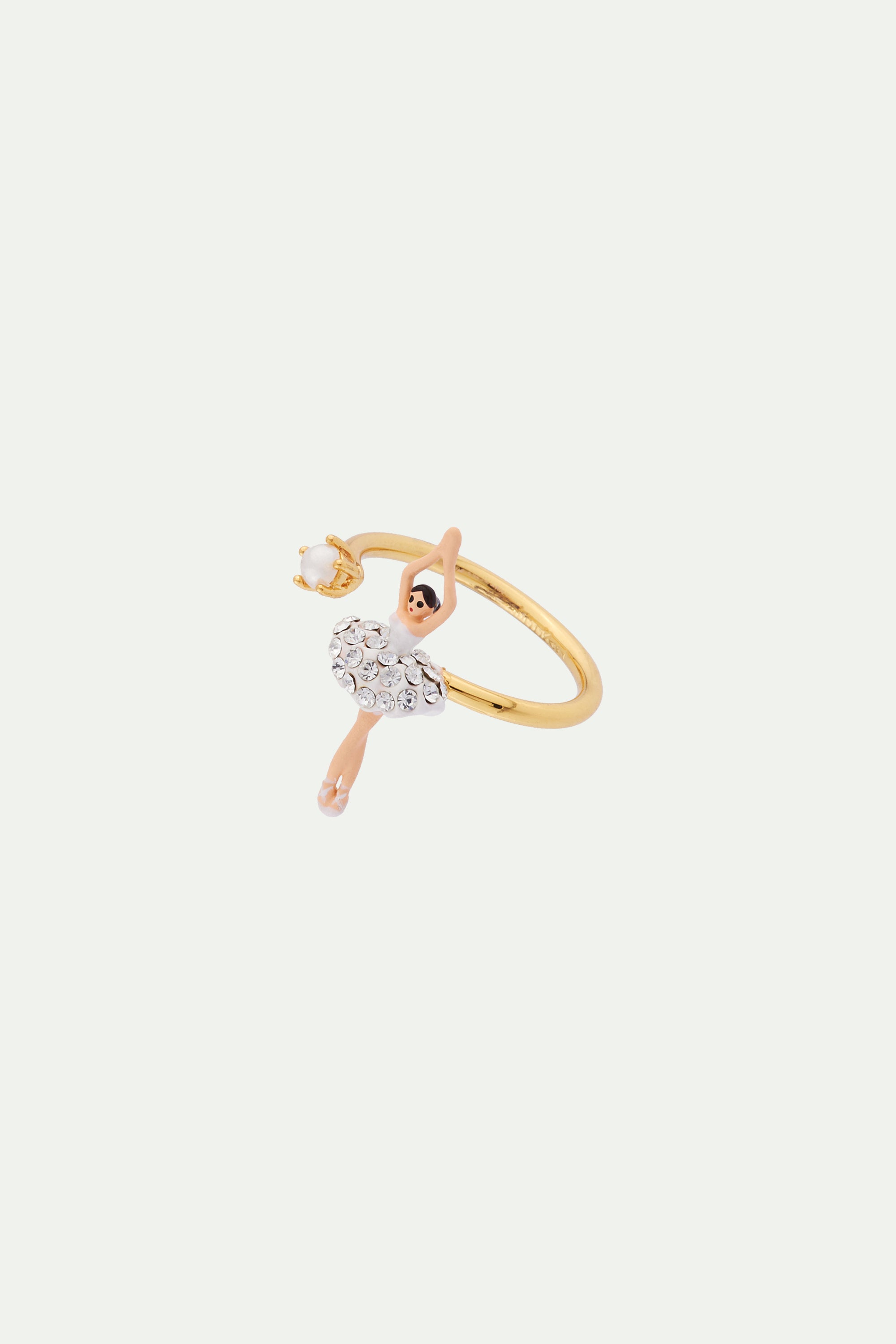 White Mini Ballerina adjustable ring with rhinestone and pearl