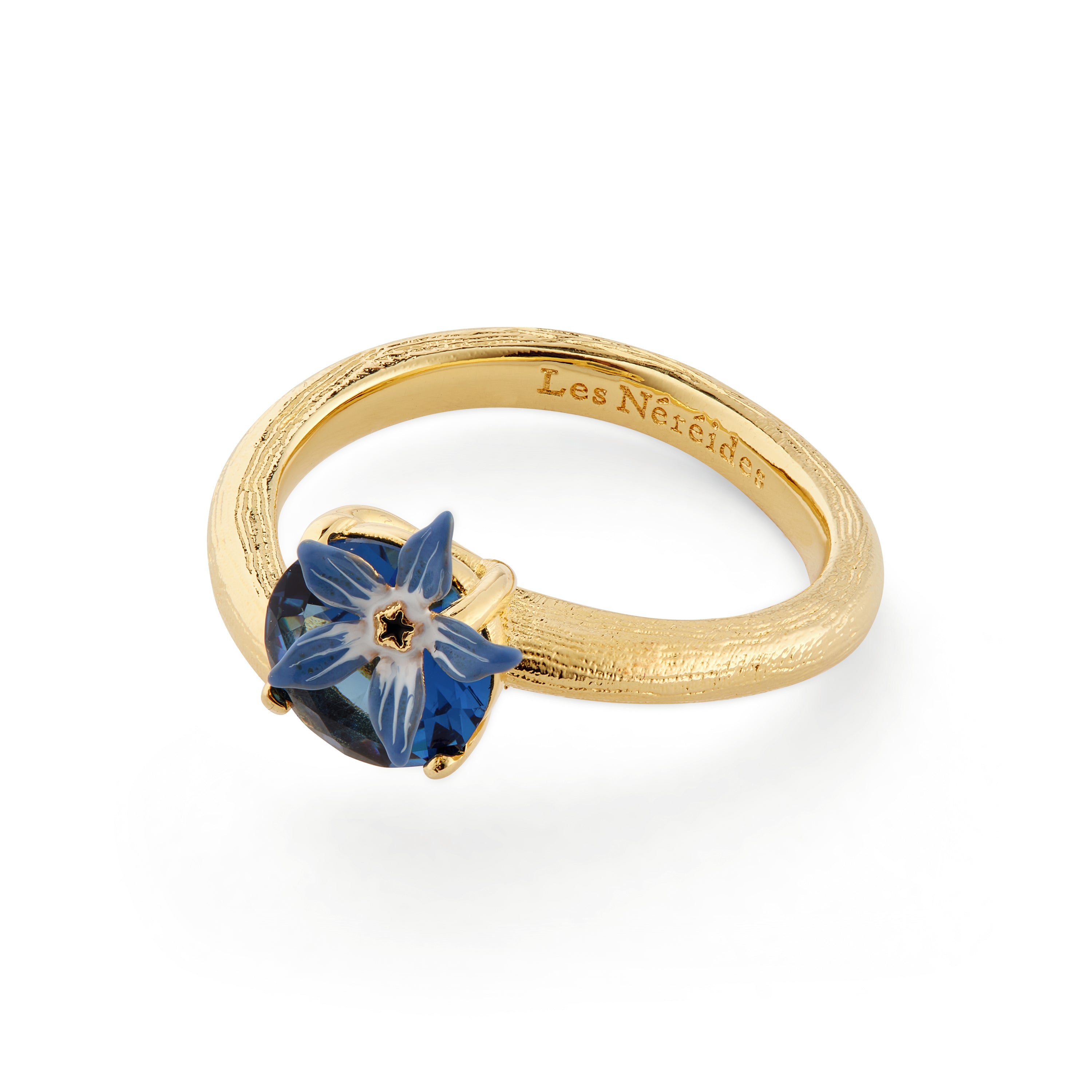 Blue flower and round faceted glass adjustable ring