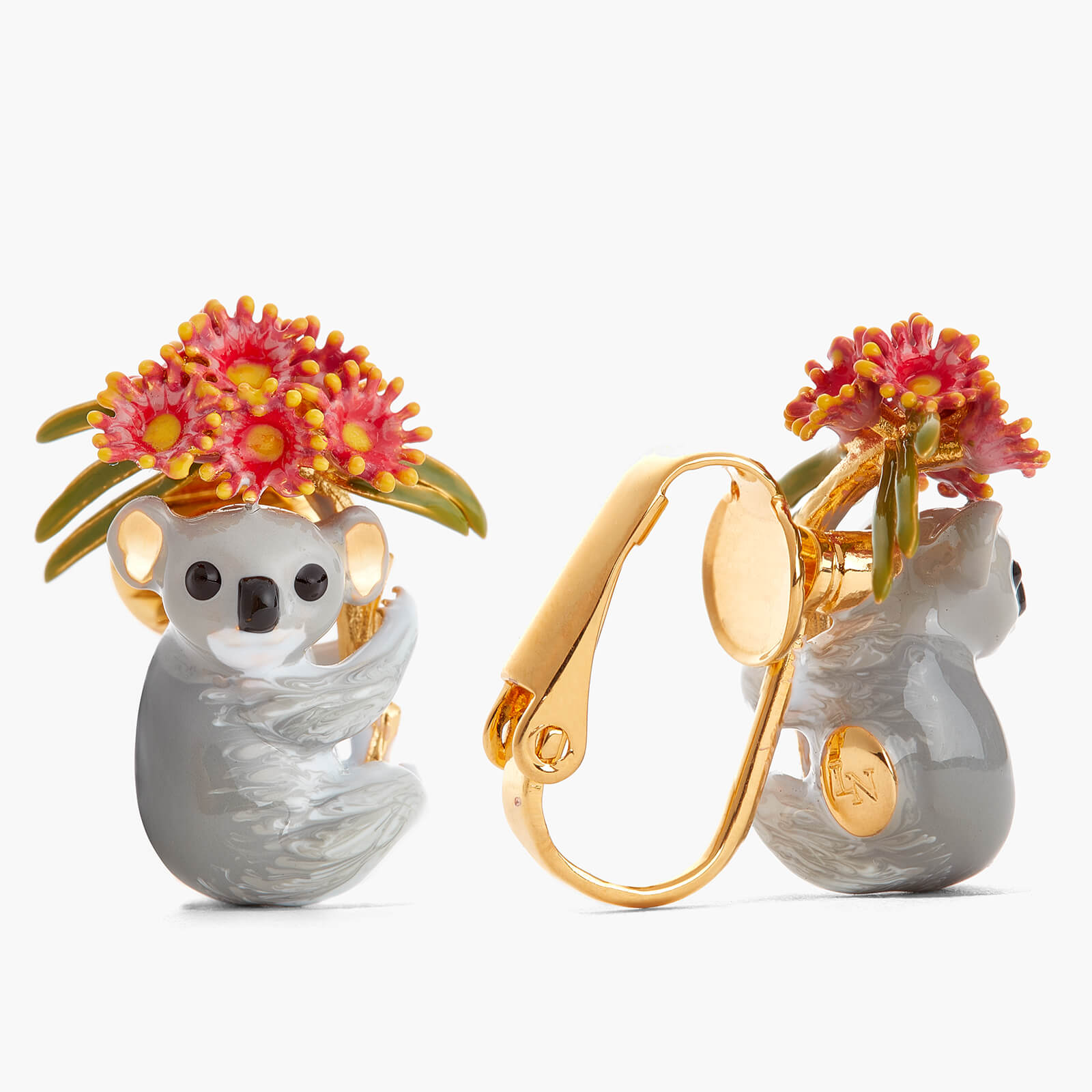 Duo of Koalas and Pink Eucalyptus clip on earrings