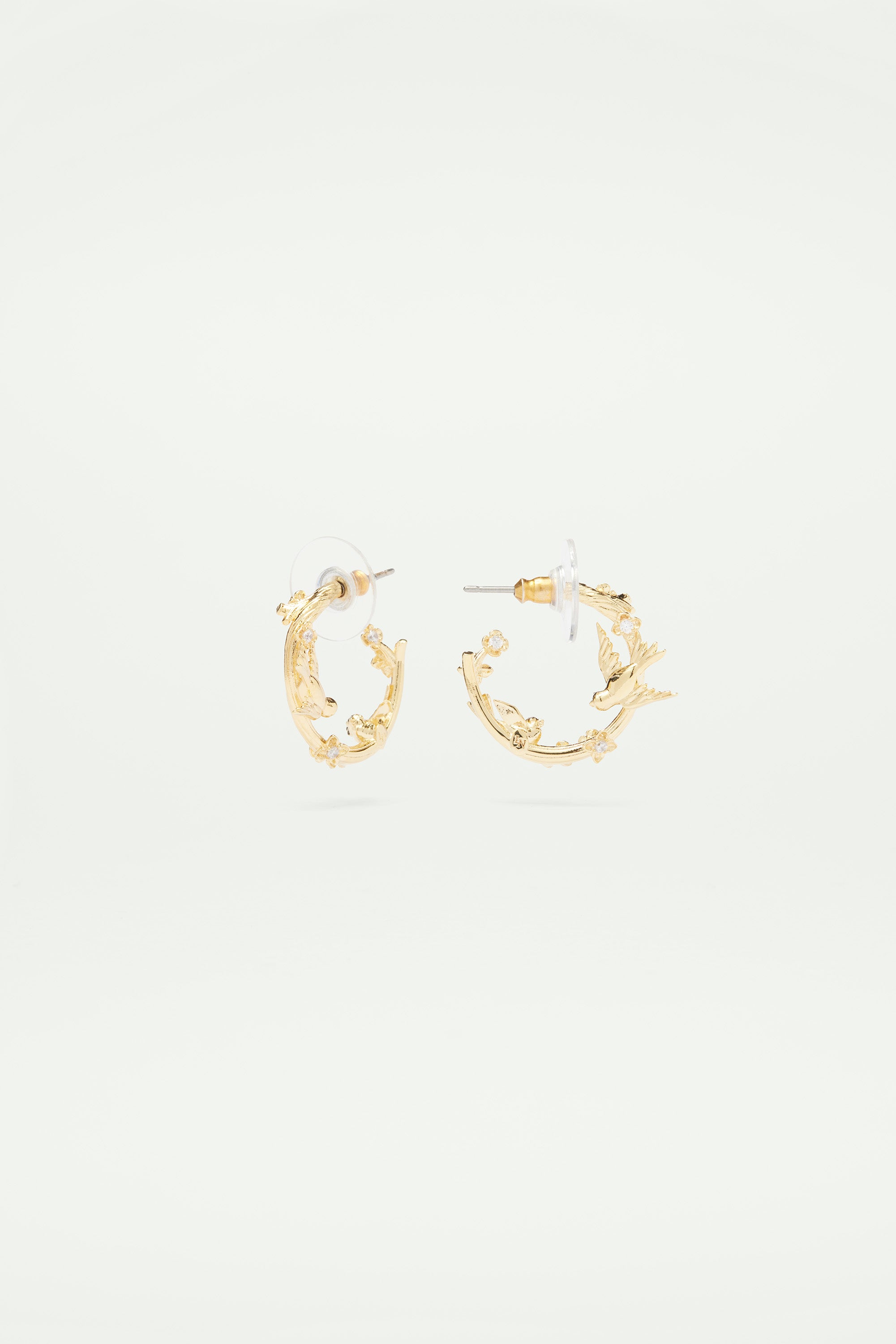 Golden bird, flower and crystal post earrings