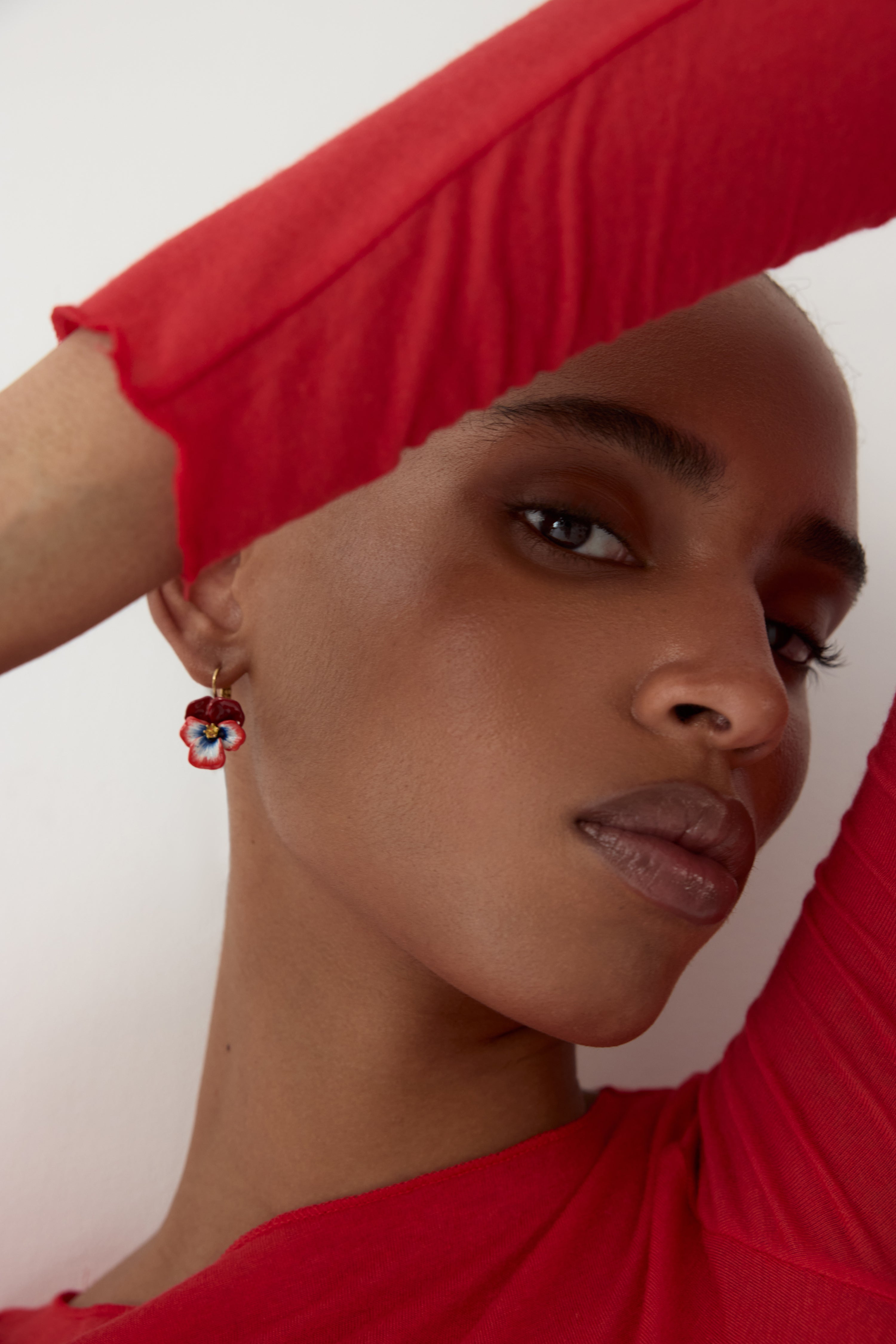 Red pansy and faceted crystal Sleeper earrings
