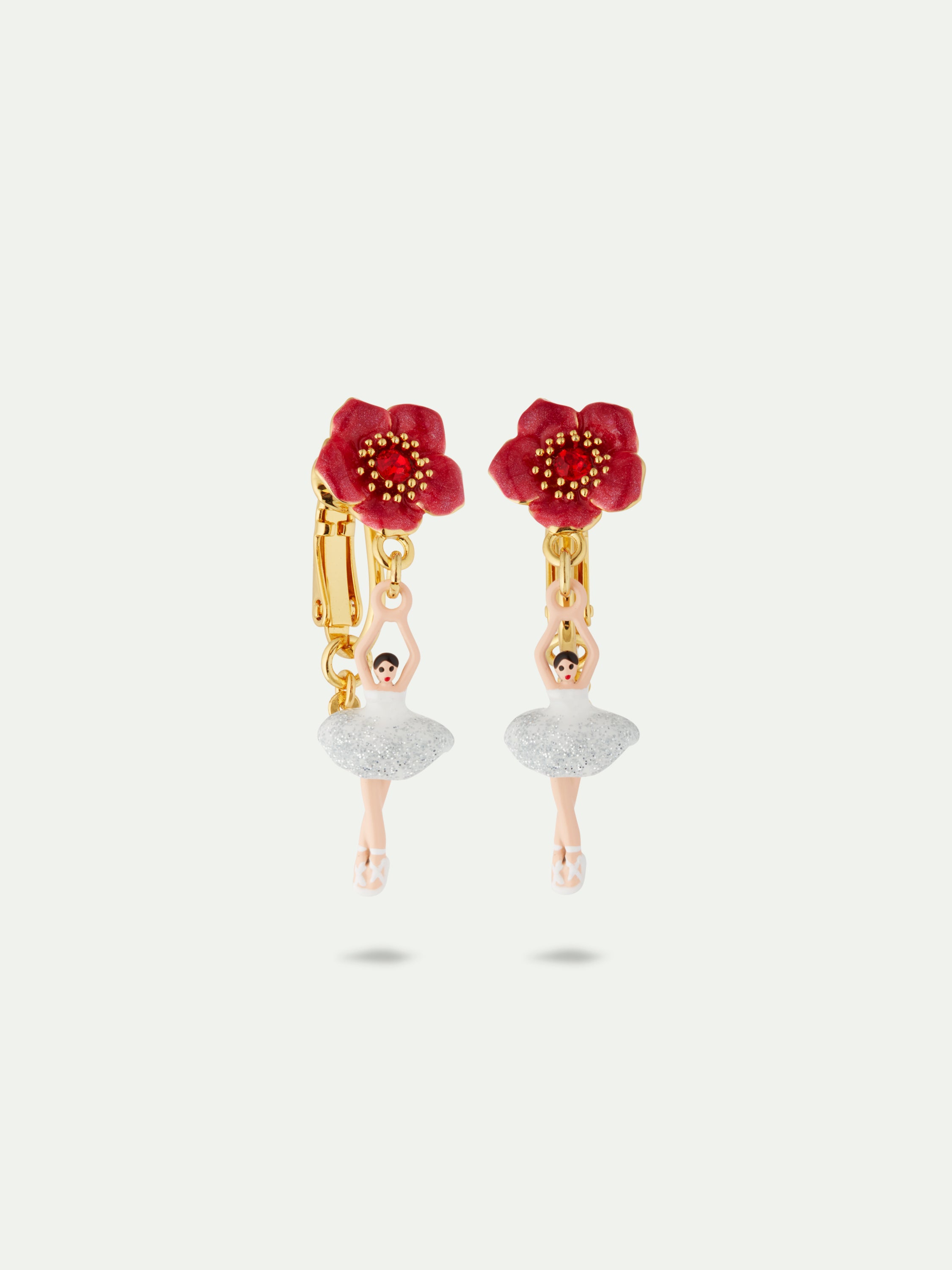 Ballerina and red flower clip-on earrings
