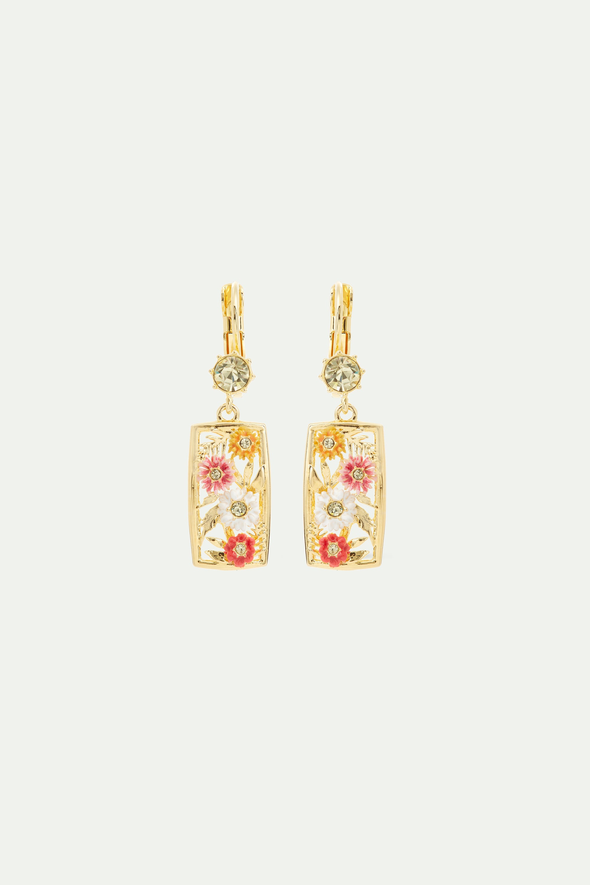 Gold-plated openwork sleeper earrings with zinnias and faceted yellow crystal