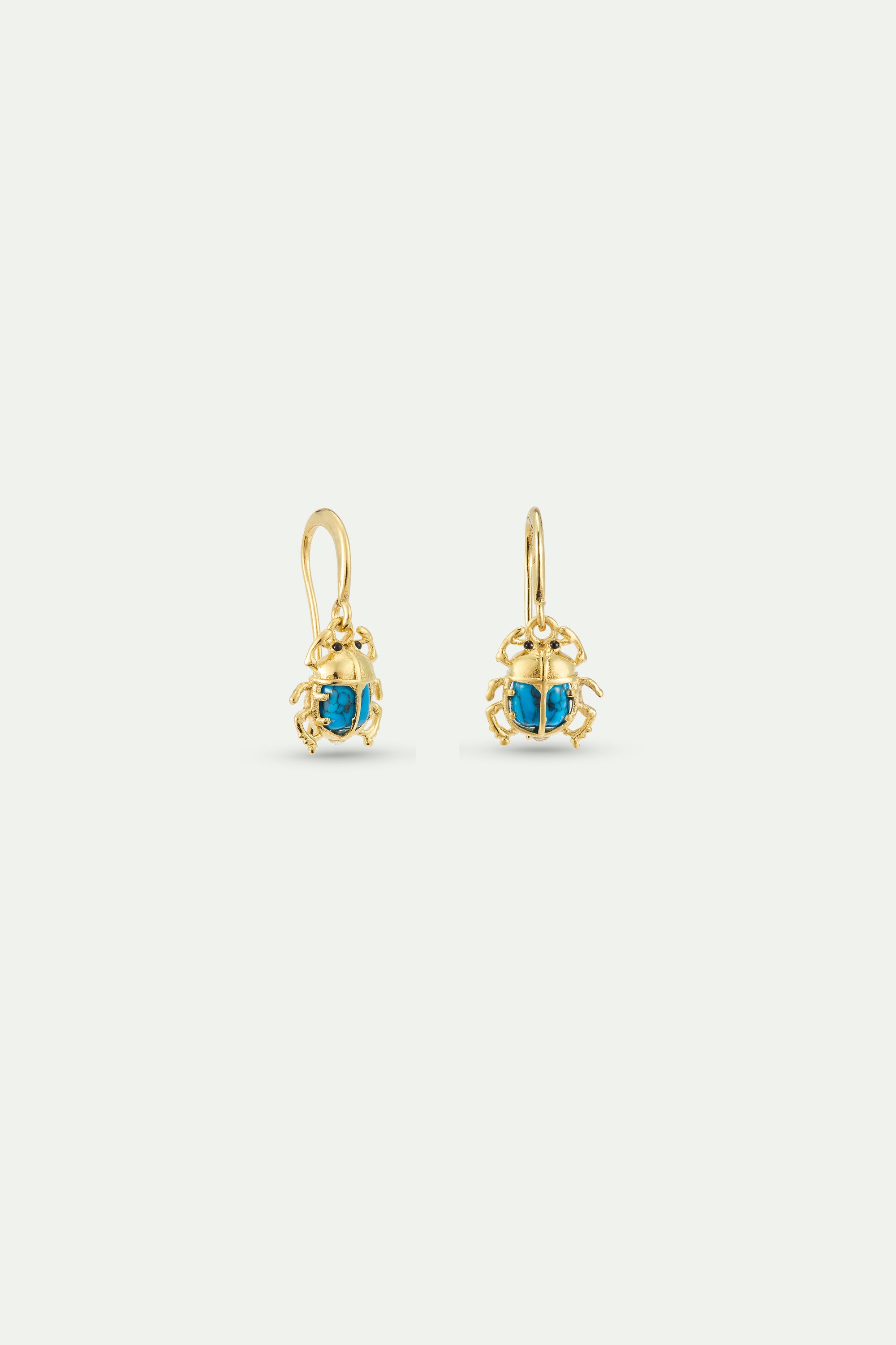 Turquoise and gold beetle hook earrings