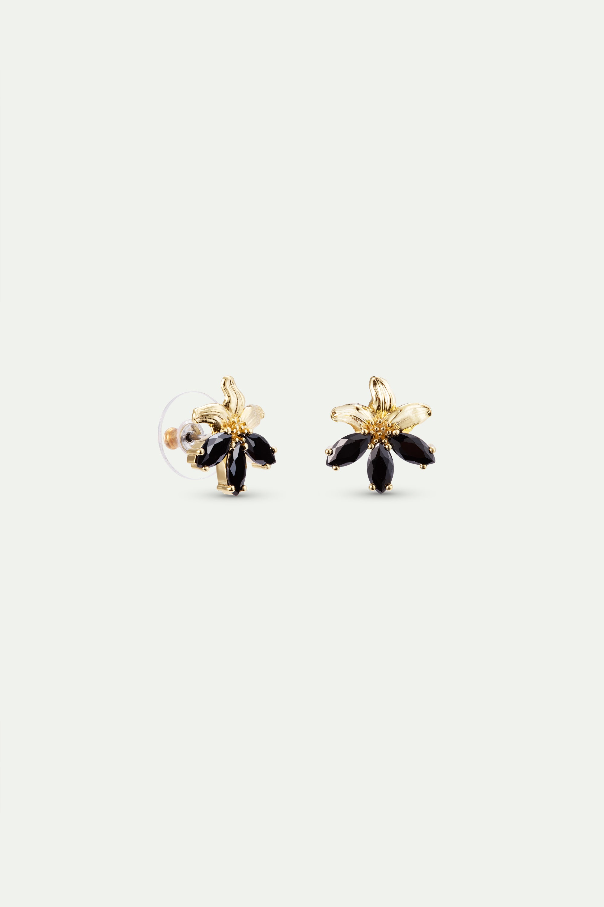 Gold lily and black stone post earrings
