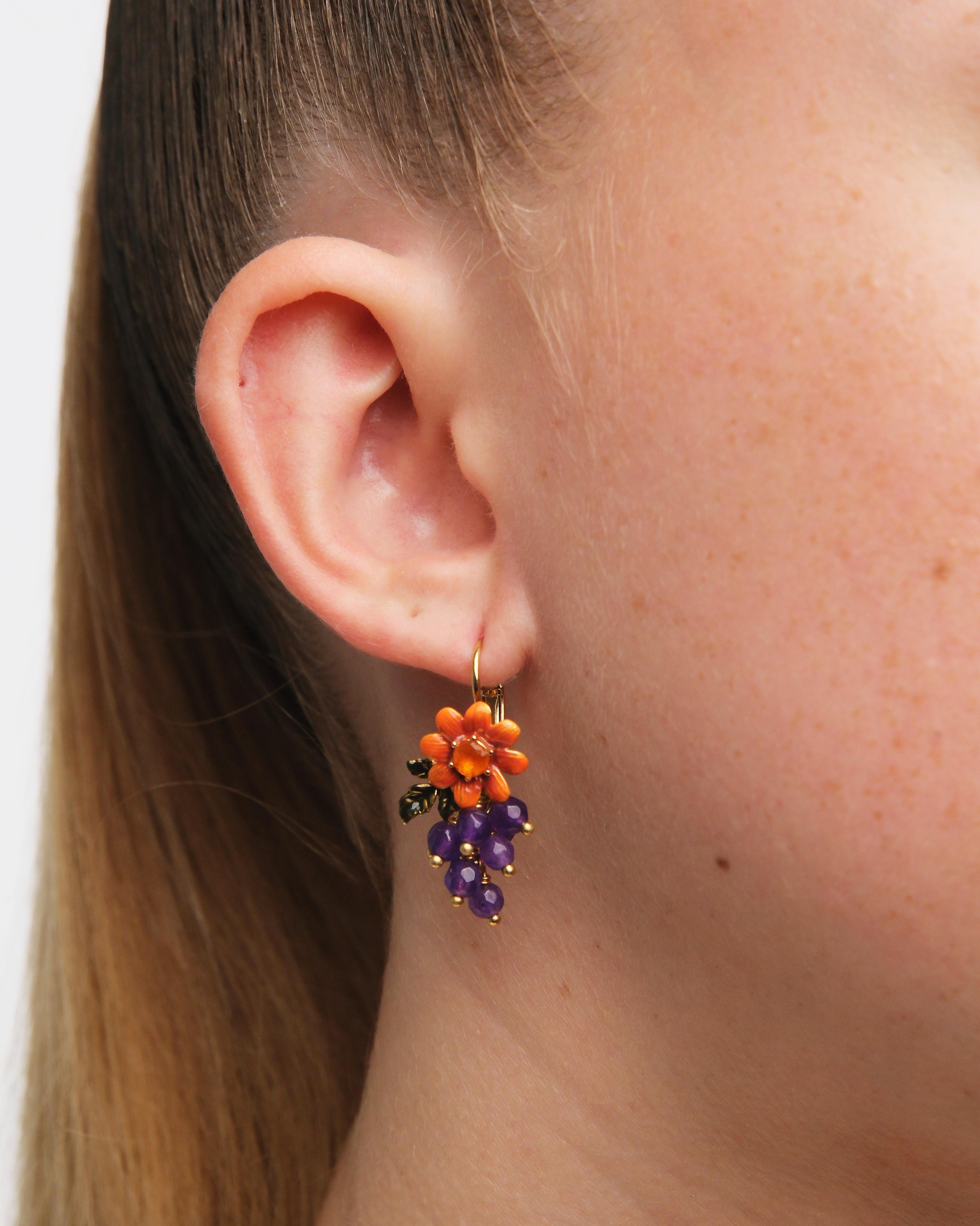 Green snake and dahlia flower sleeper earrings