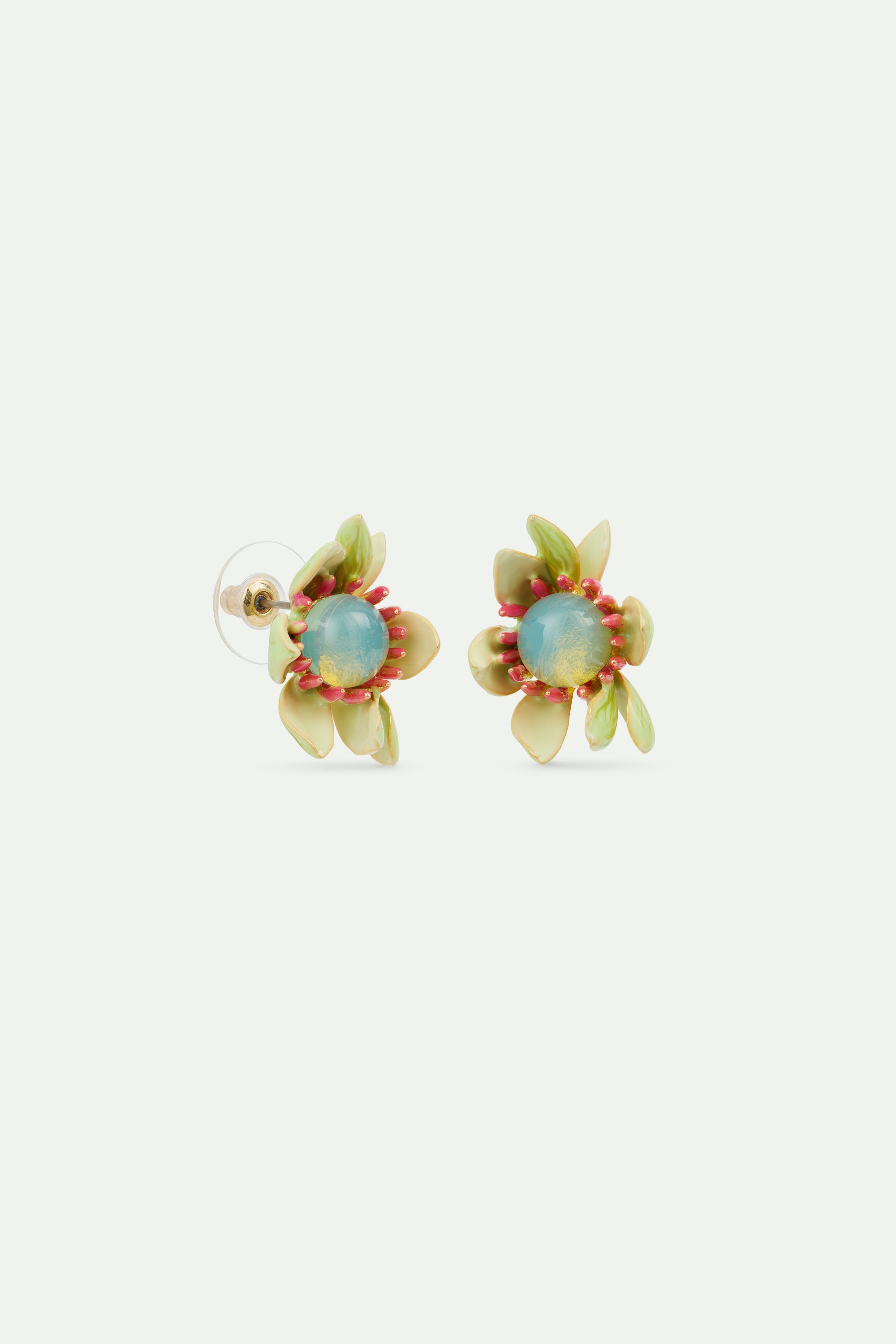 Large magnolia flower and blue cabochon earrings