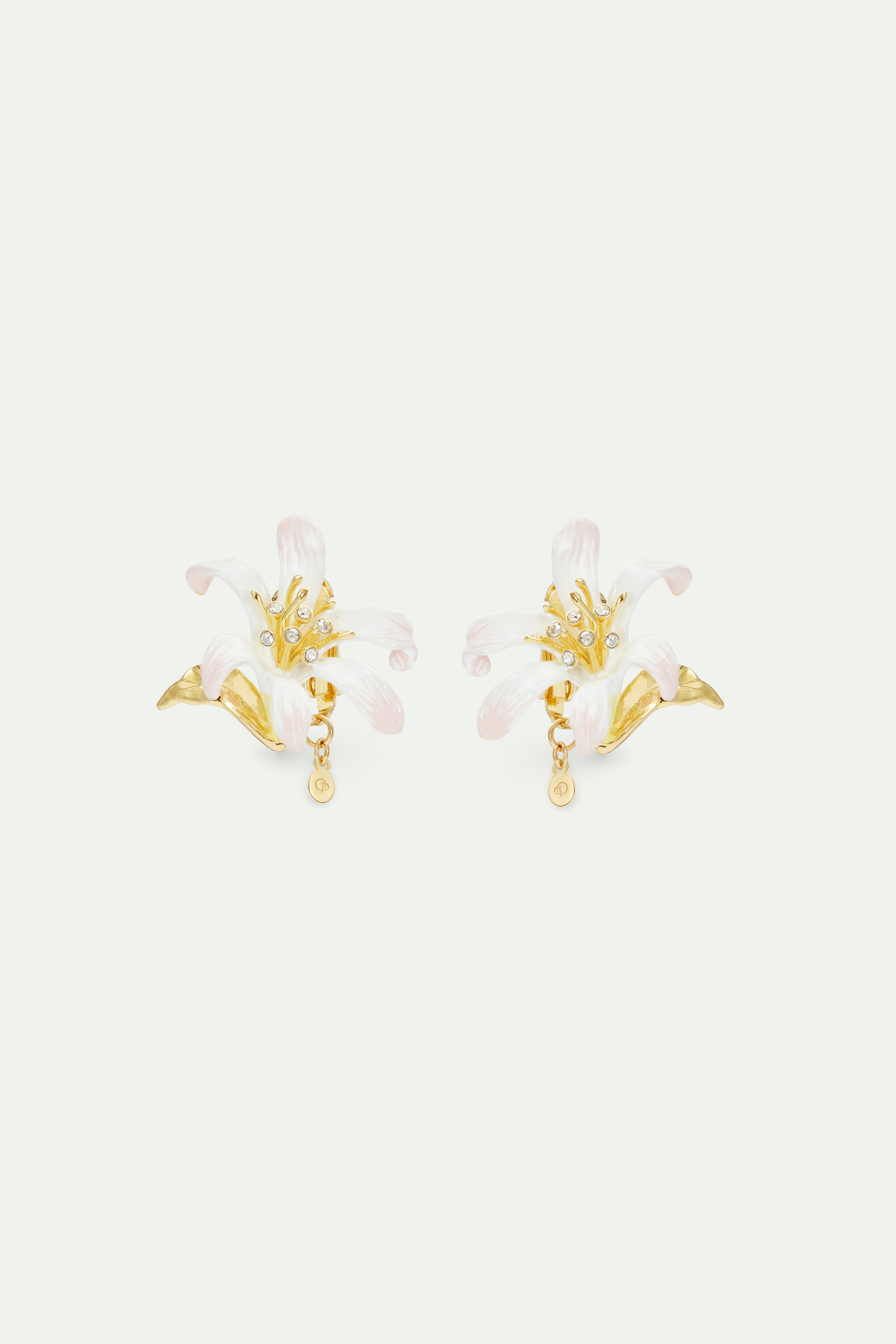 Large white lily earrings and golden leaves