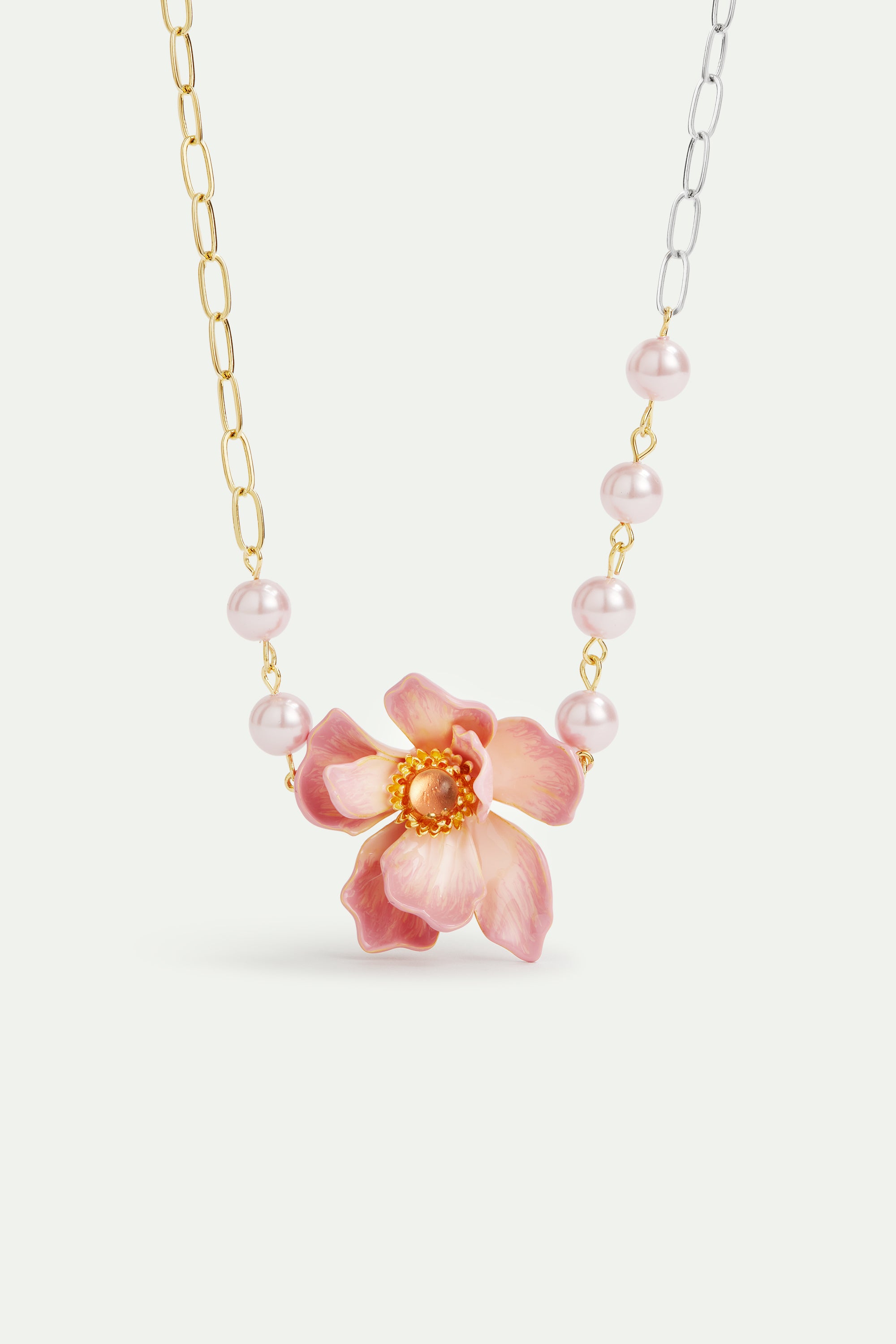 Two-tone chain, large pink magnolia flower and artificial pearl necklace