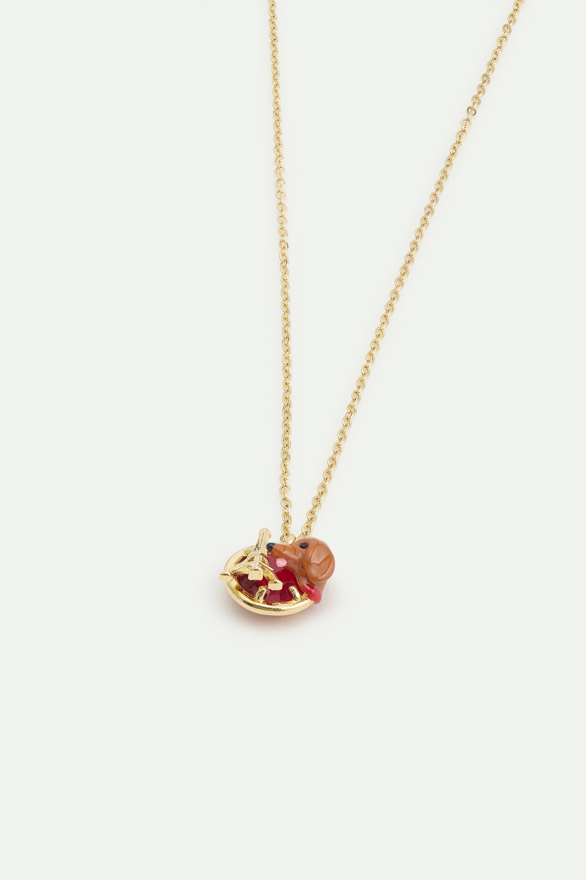Dachshund pendant necklace with Eiffel tower and garnet red stone