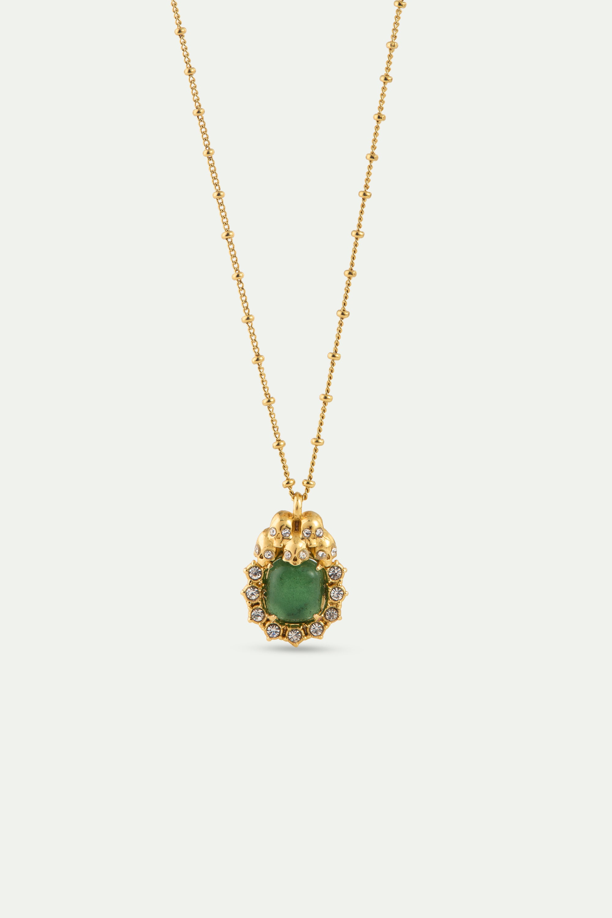 Green aventurine, skulls and crystal pendant necklace