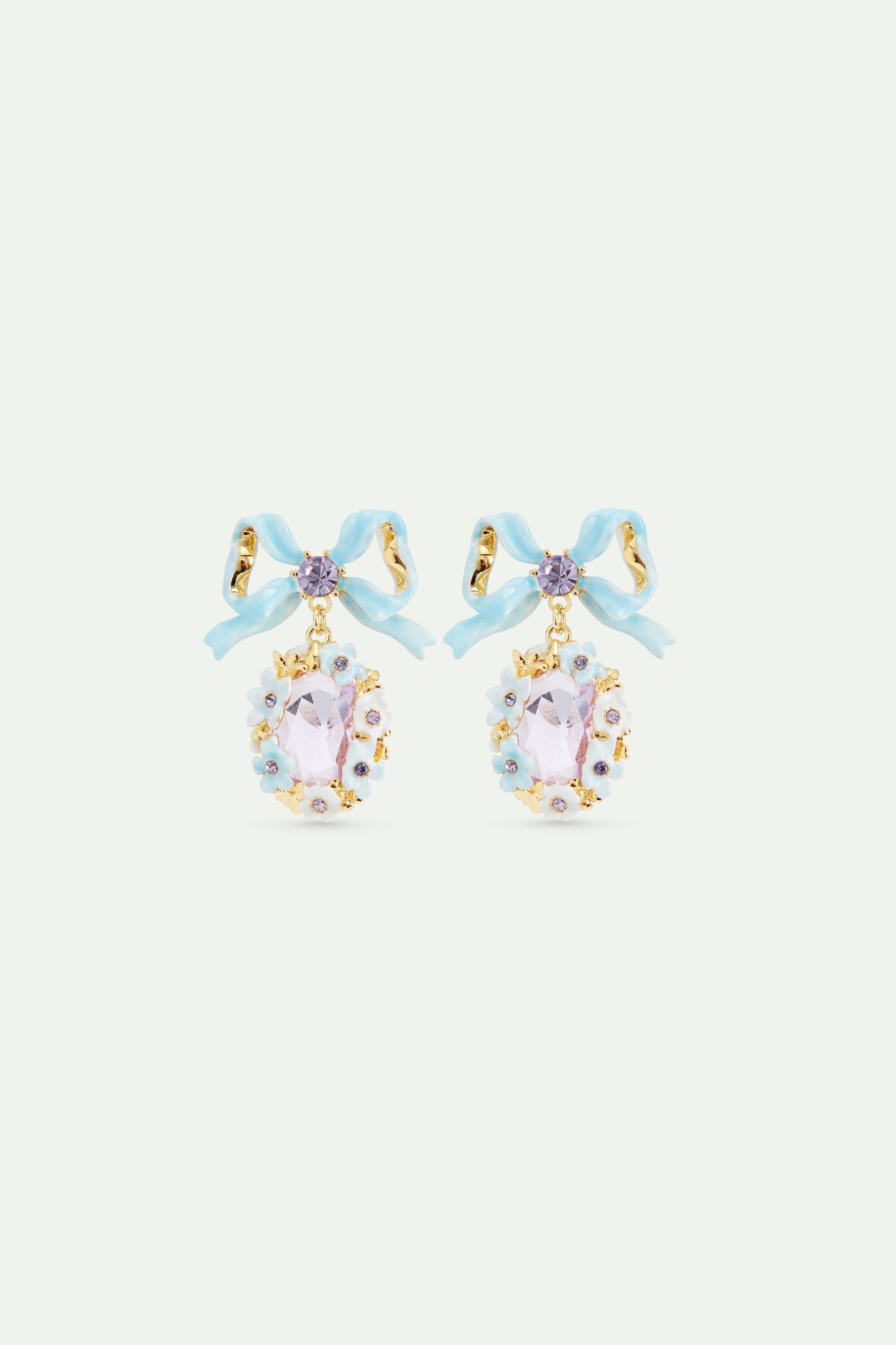 Purple faceted stone wedding earrings with flowers and a blue bow