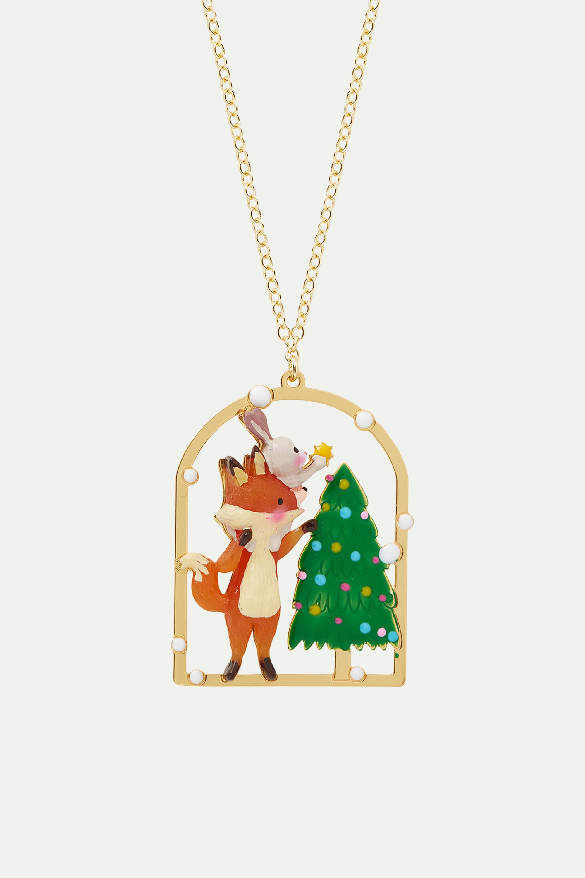 Rabbit, fox and Christmas tree pendant necklace