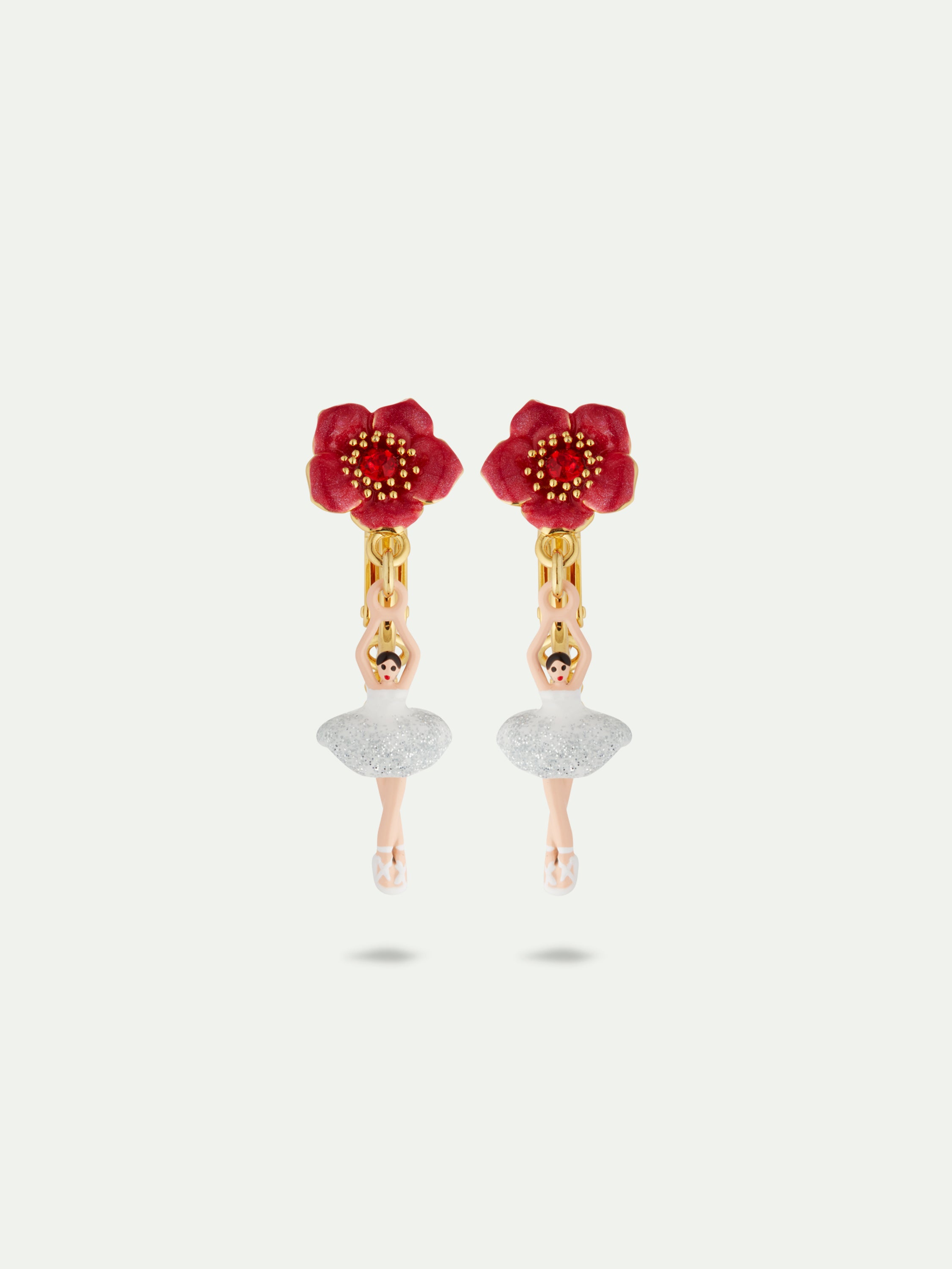 Ballerina and red flower clip-on earrings