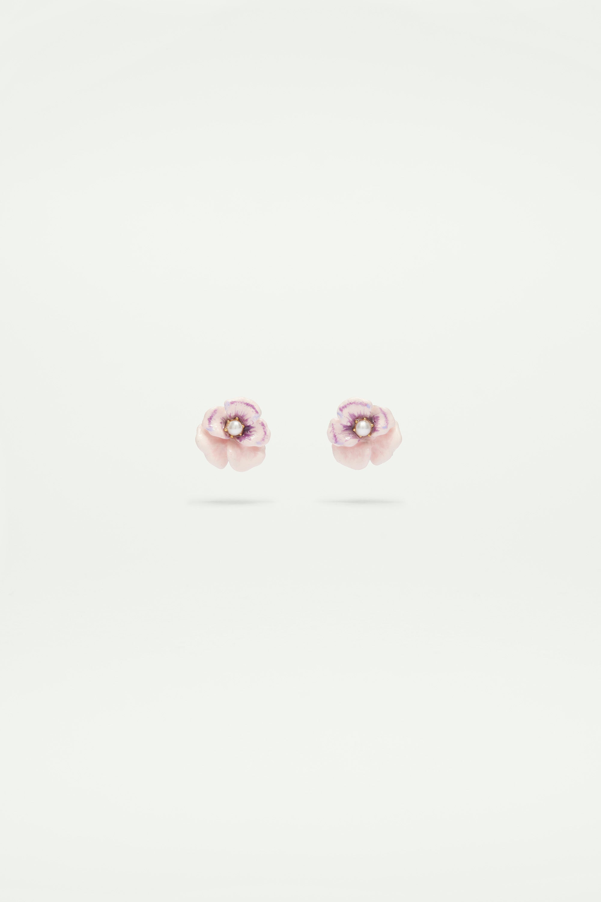 Pink pansy and freshwater pearl stud earrings