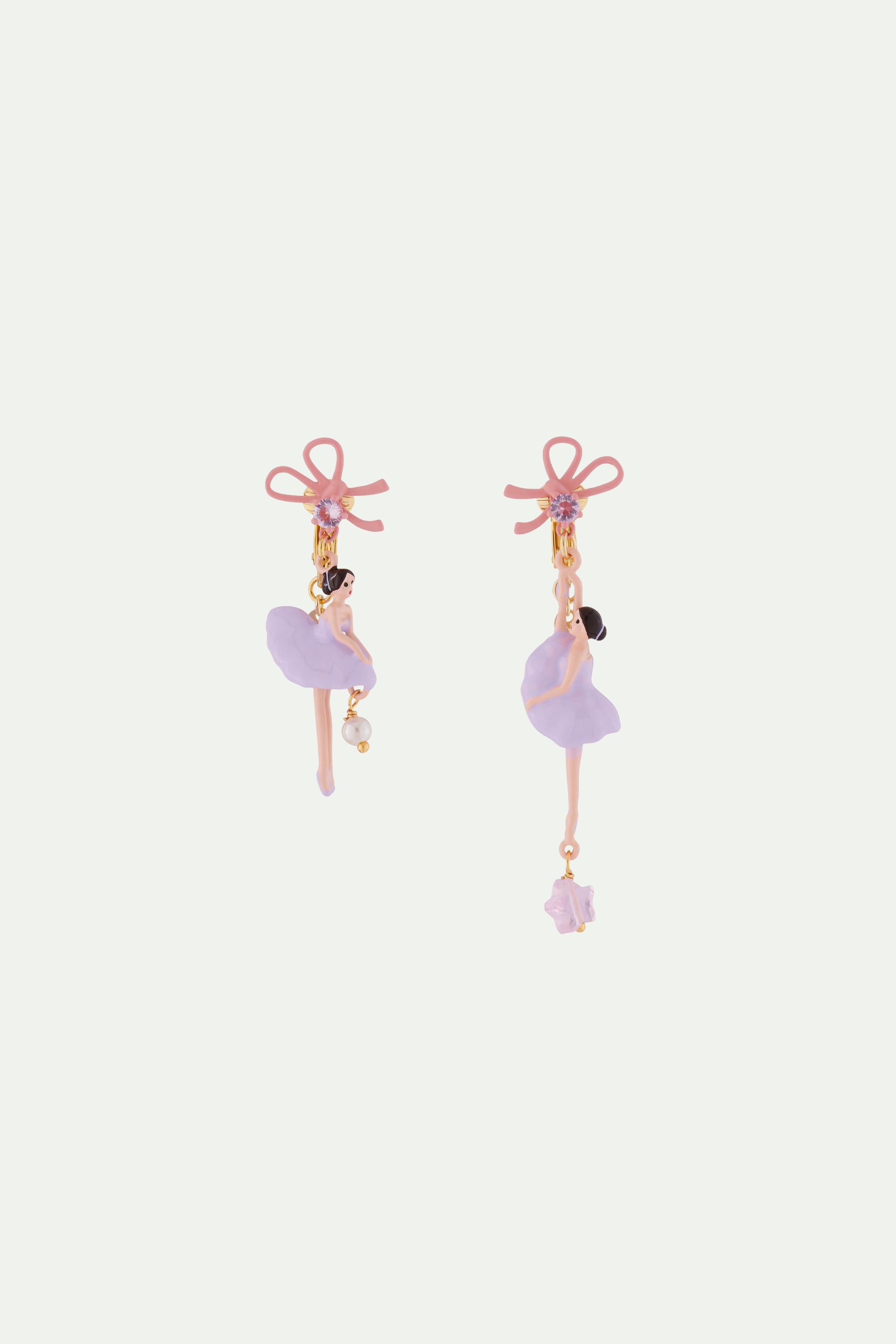 Lilac Ballerina with Ribbon Asymetrical Clip on Earrings