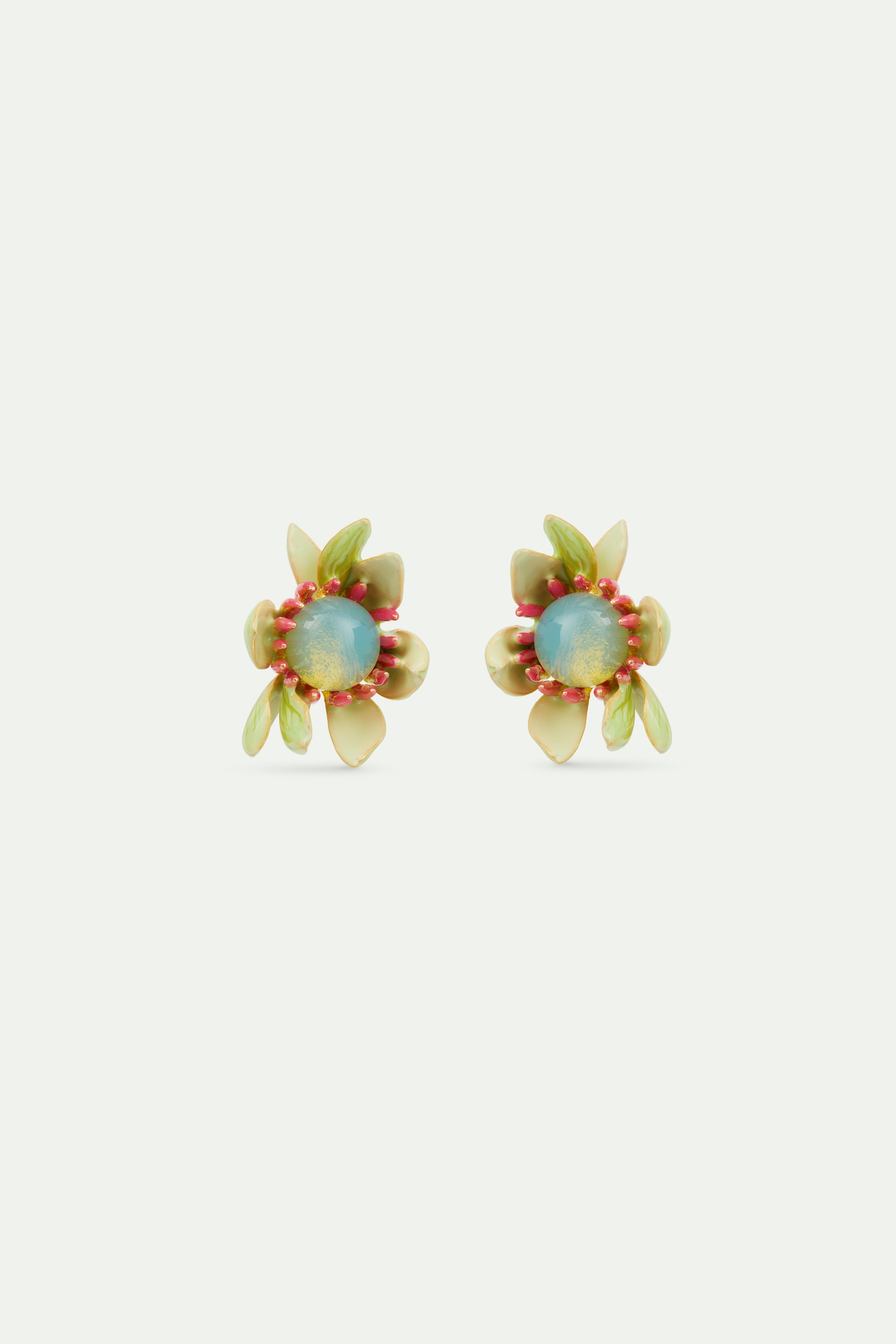 Large magnolia flower and blue cabochon earrings